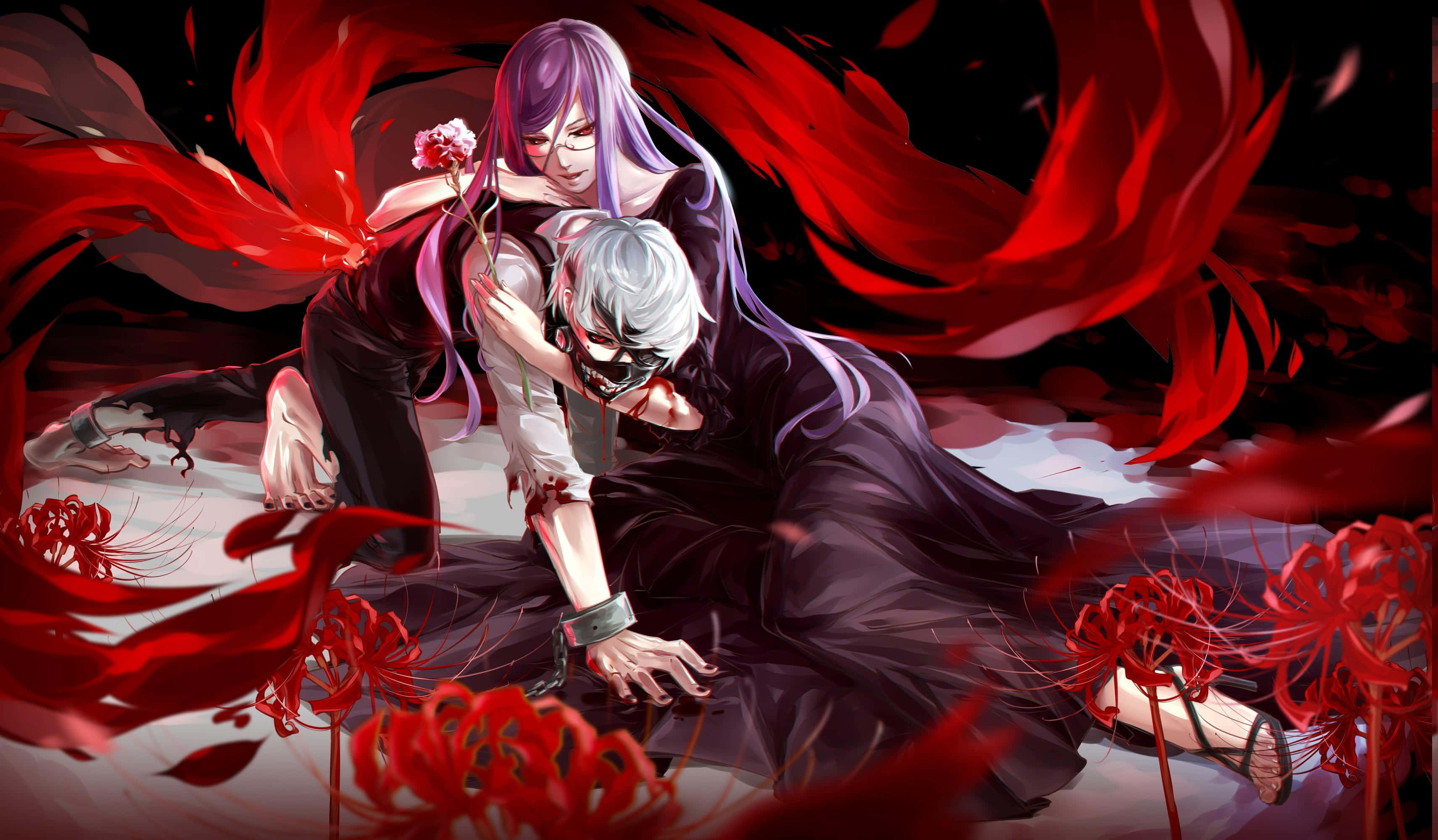 Tokyo Ghoul, purple-haired anime girl, red flower, 2K Desktop Wallpaper