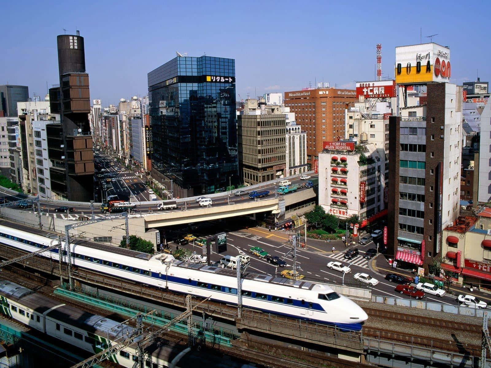 bullet train, skyscrapers, urban jungle, HD Desktop Wallpaper