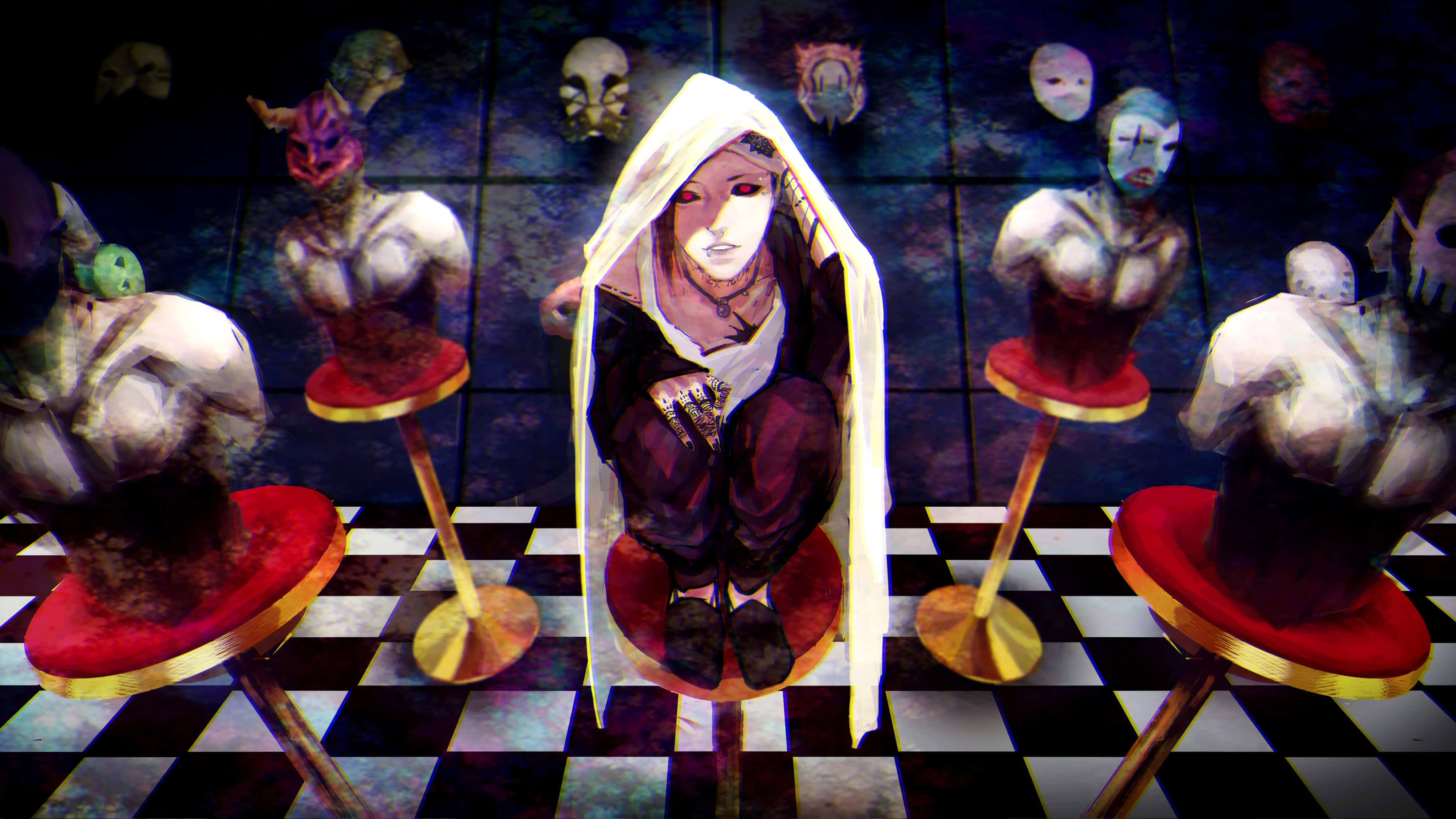 Tokyo Ghoul Uta, hooded anime girl, red stool, 4K Desktop Wallpaper