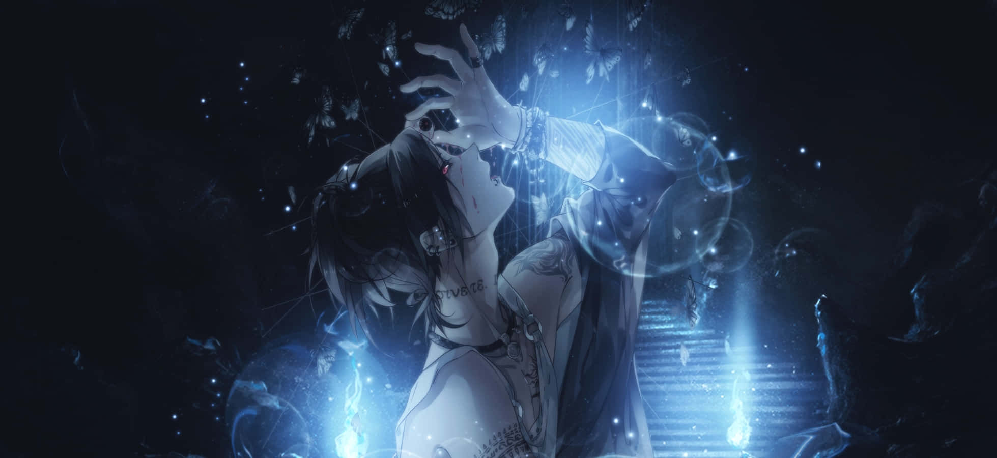 Tokyo Ghoul Uta, 1959x900, glowing blue butterflies, Full HD Desktop Wallpaper