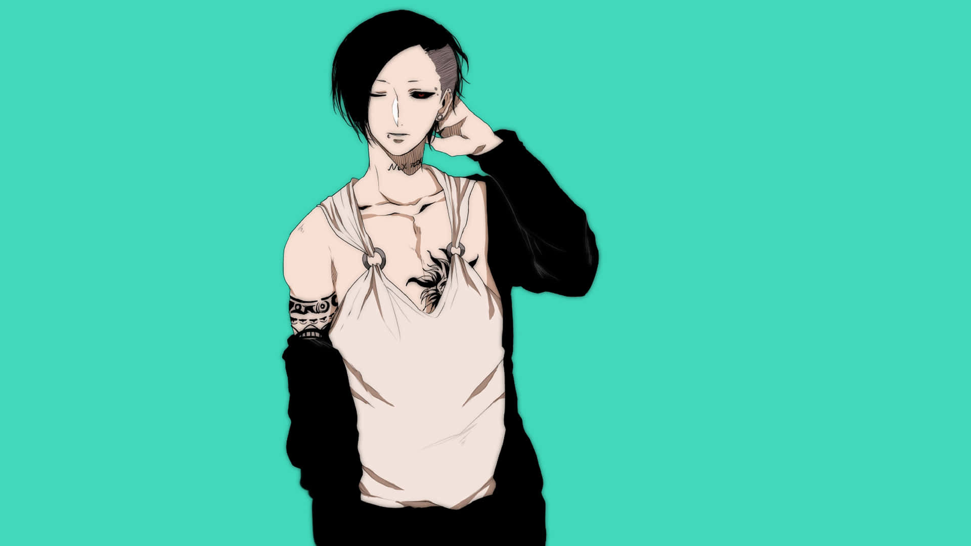 Uta, Tokyo Ghoul, teal background, Full HD Desktop Wallpaper