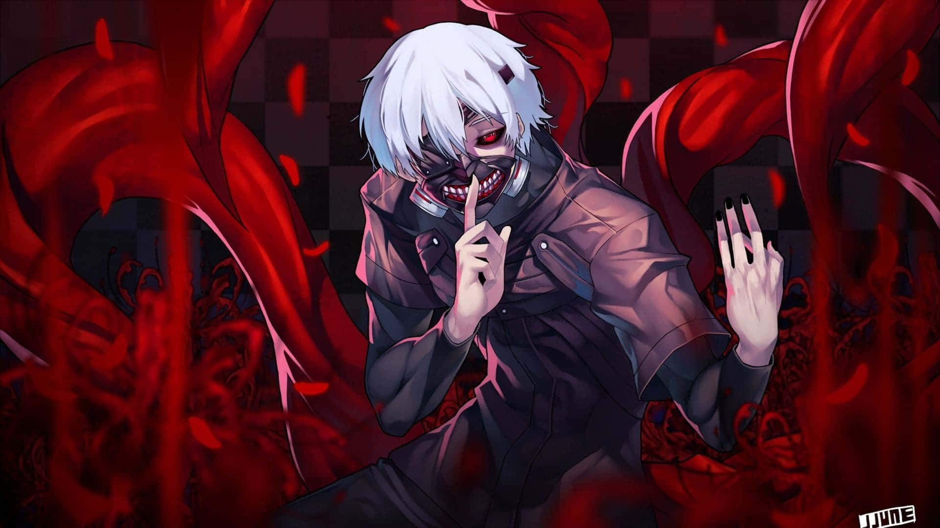 Tokyo Ghoul, white-haired anime character, bloodied grin, Full HD Desktop Wallpaper
