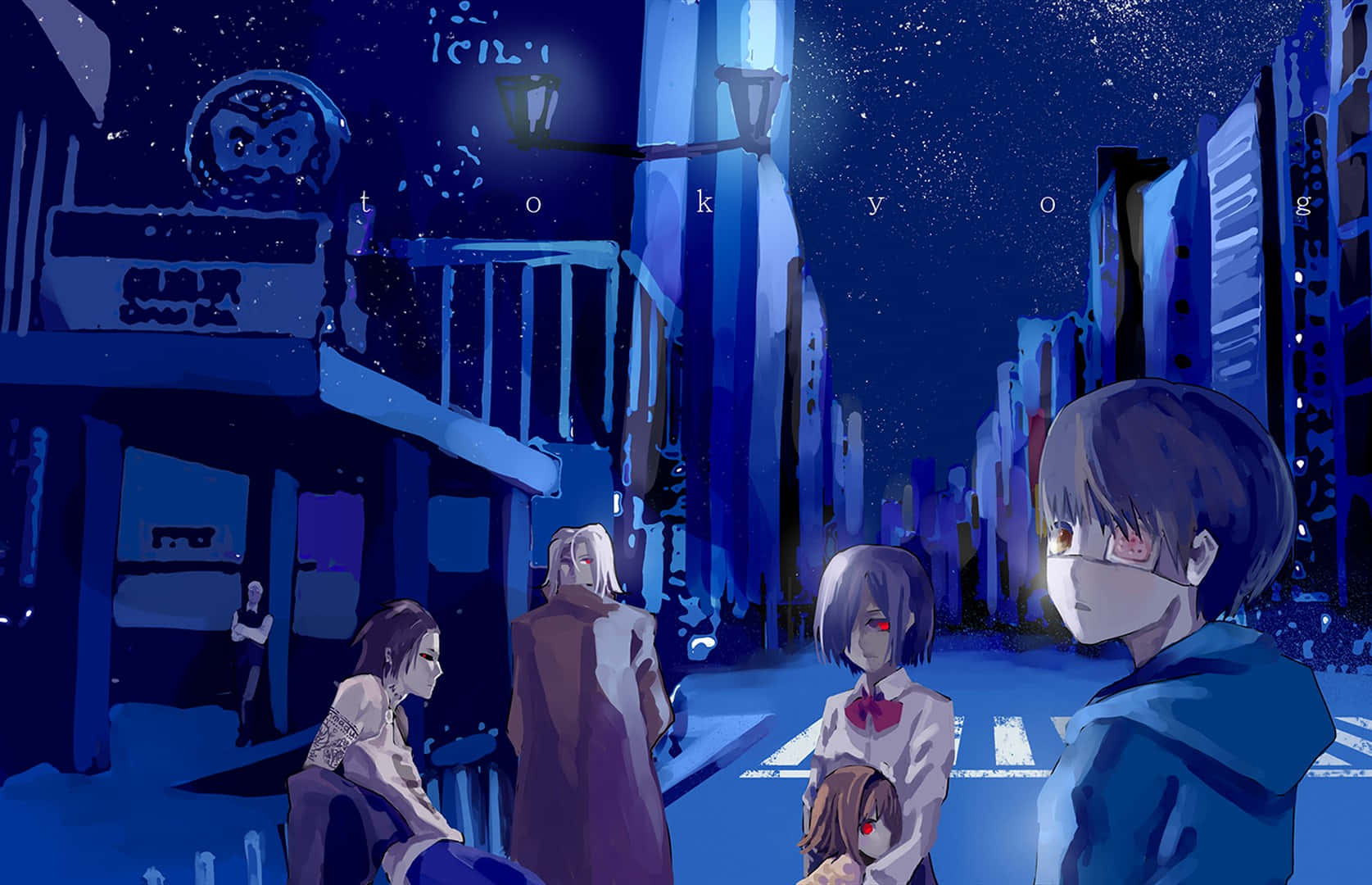 Tokyo Ghoul Uta, neon-drenched Tokyo street, starry night sky, HD Desktop Wallpaper