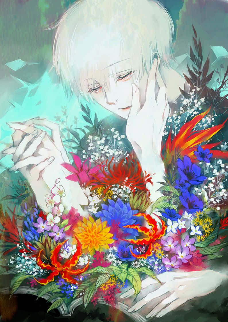Tokyo Ghoul, flower, pale-haired anime figure, SD Phone Wallpaper