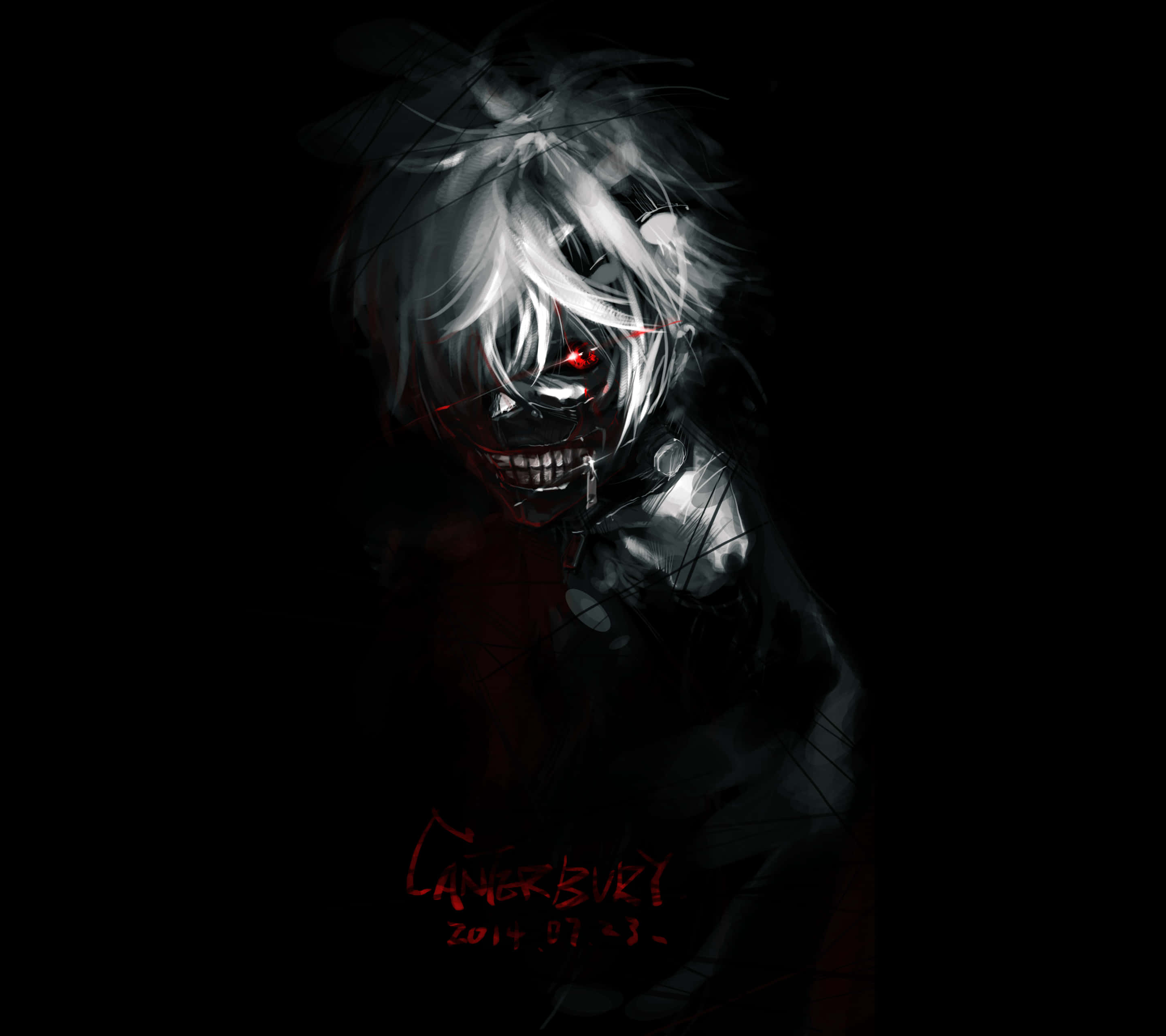 Tokyo Ghoul, white hair, glowing red eyes, 2K Desktop Wallpaper