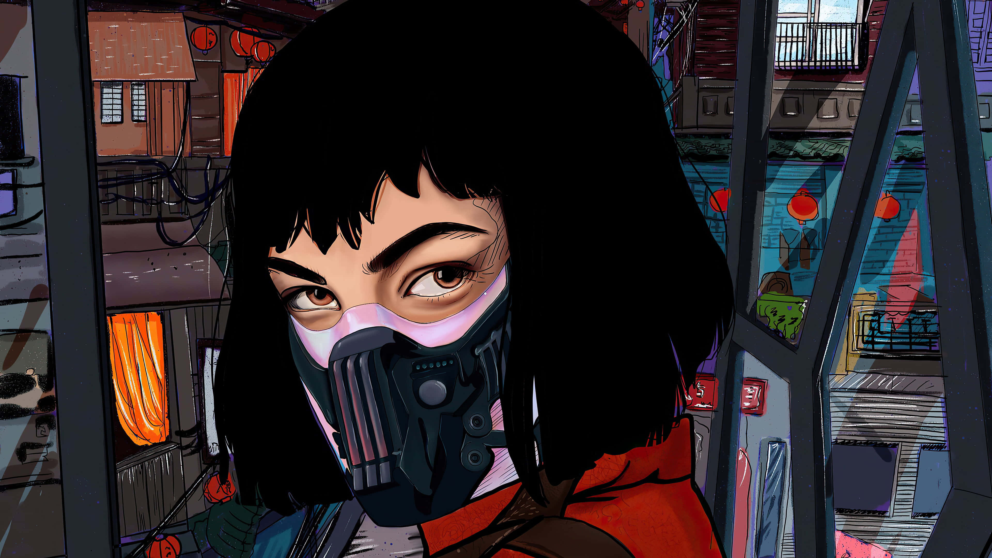 Tokyo In Money Heist, gas mask, neon-lit urban alleyway, 4K Desktop Wallpaper