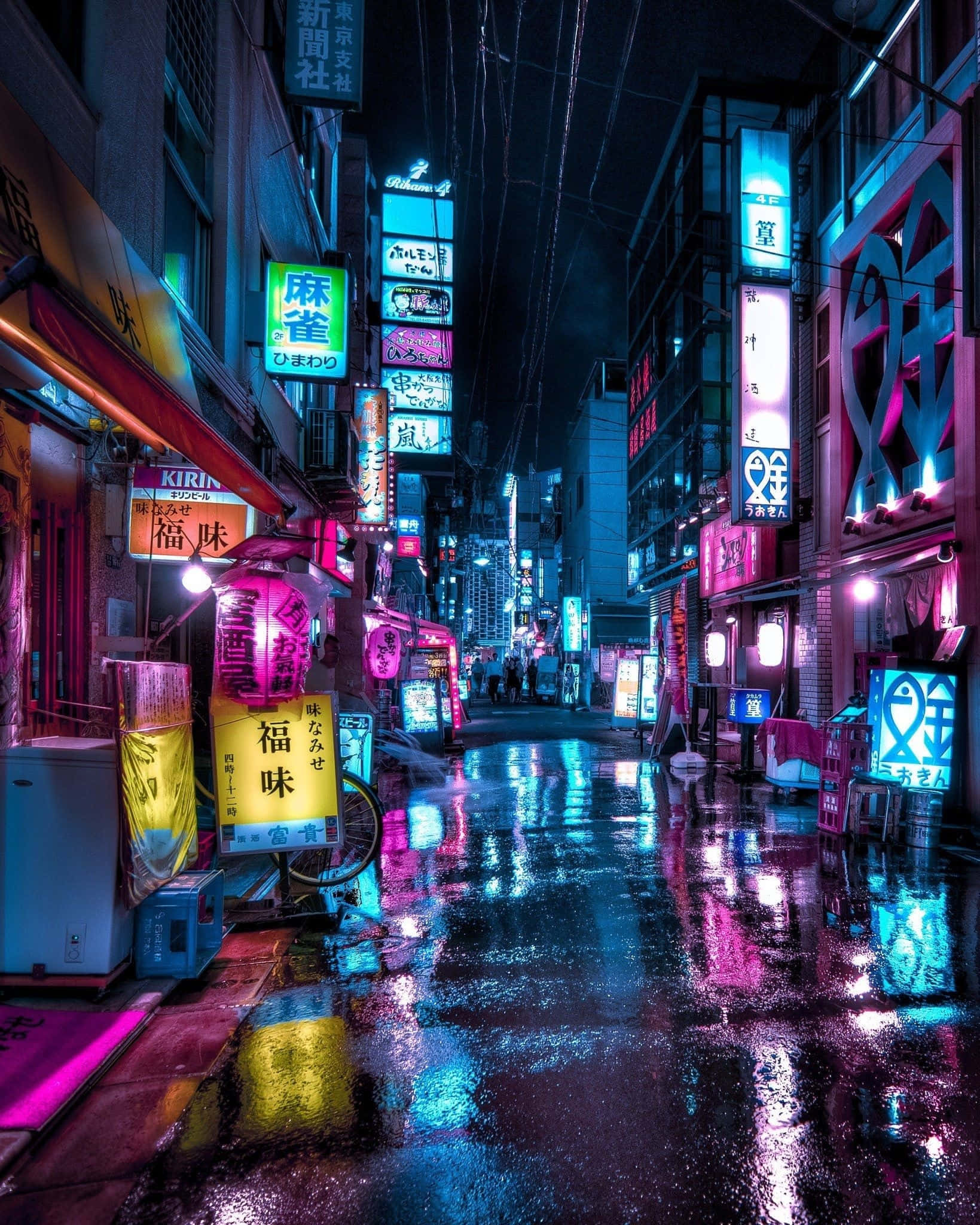 Tokyo, neon-lit alleyway, rain-slicked pavement, Full HD Phone Wallpaper