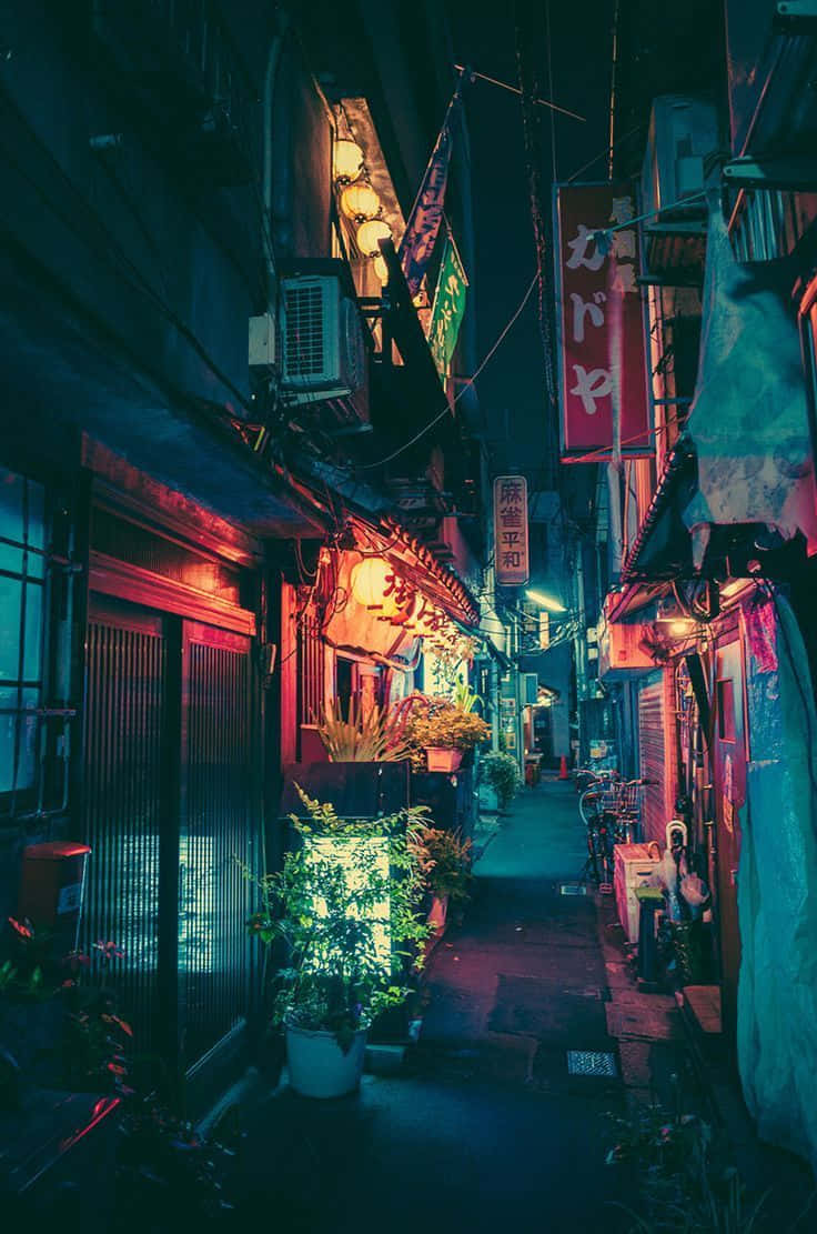 Tokyo, neon-lit alleyway, glowing signs, SD Phone Wallpaper