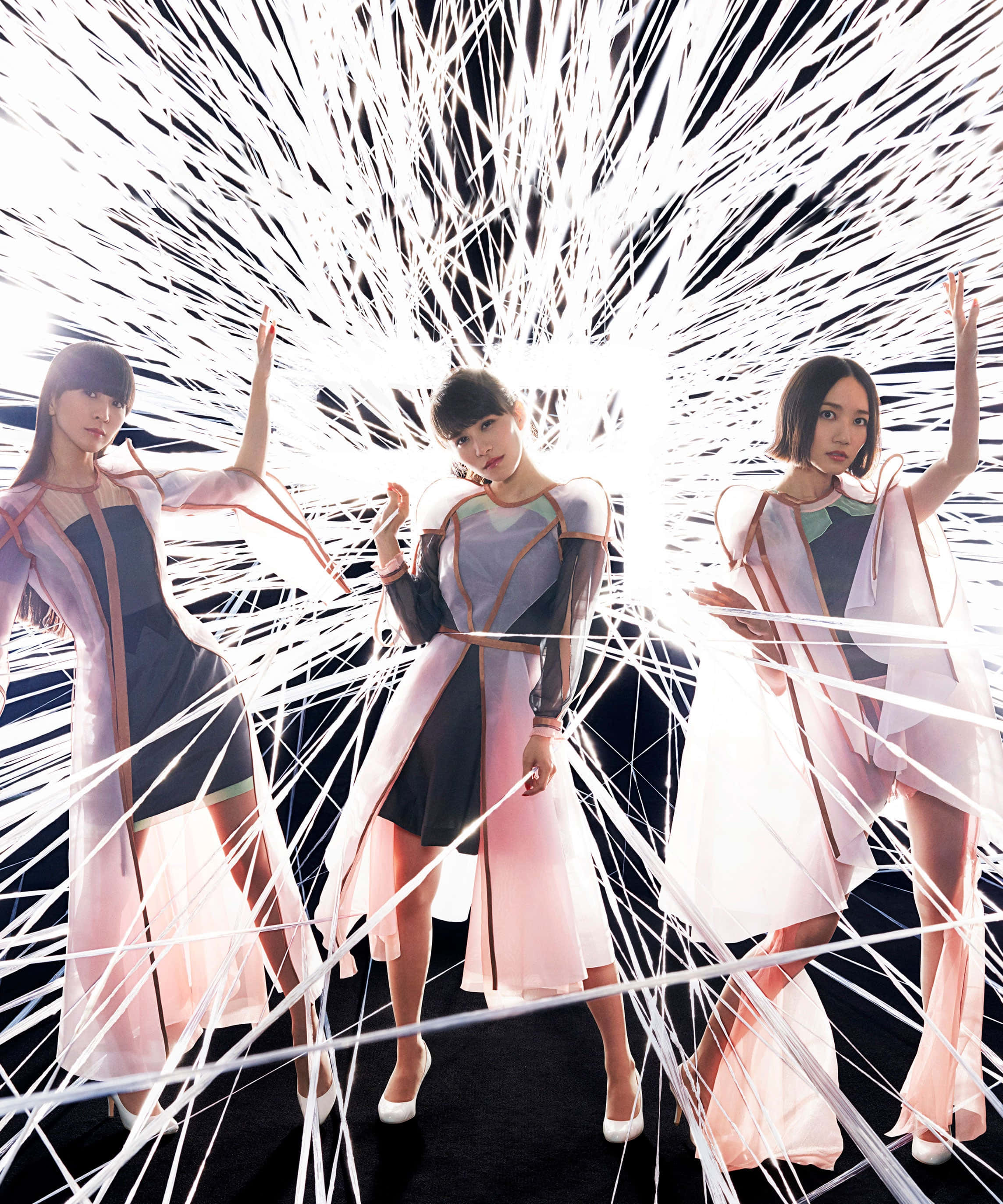 J-pop, futuristic pink and black dresses, radiant white light strands, 2K Phone Wallpaper