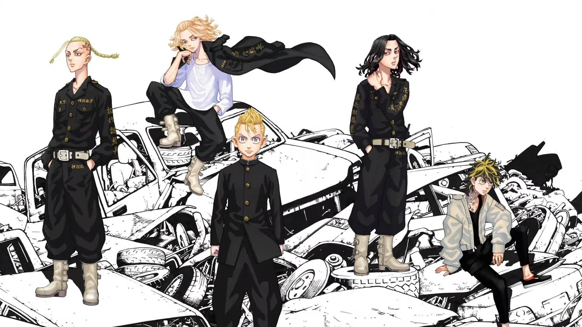 Tokyo Revengers Manga, black uniforms, wrecked cars, Full HD Desktop Wallpaper