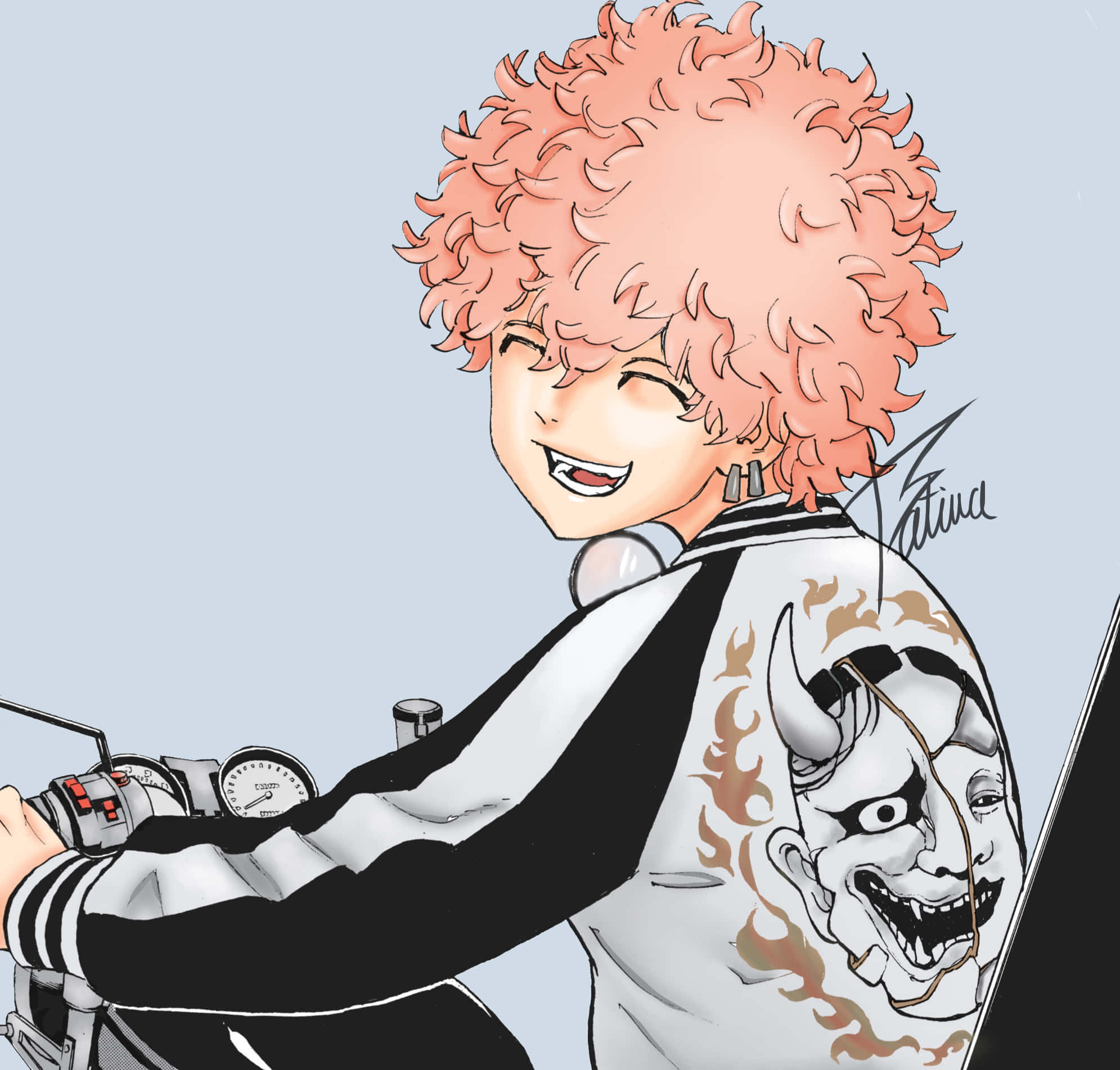 Smiley Tokyo Revengers Pfp, curly pink hair, motorcycle, Full HD Desktop Wallpaper