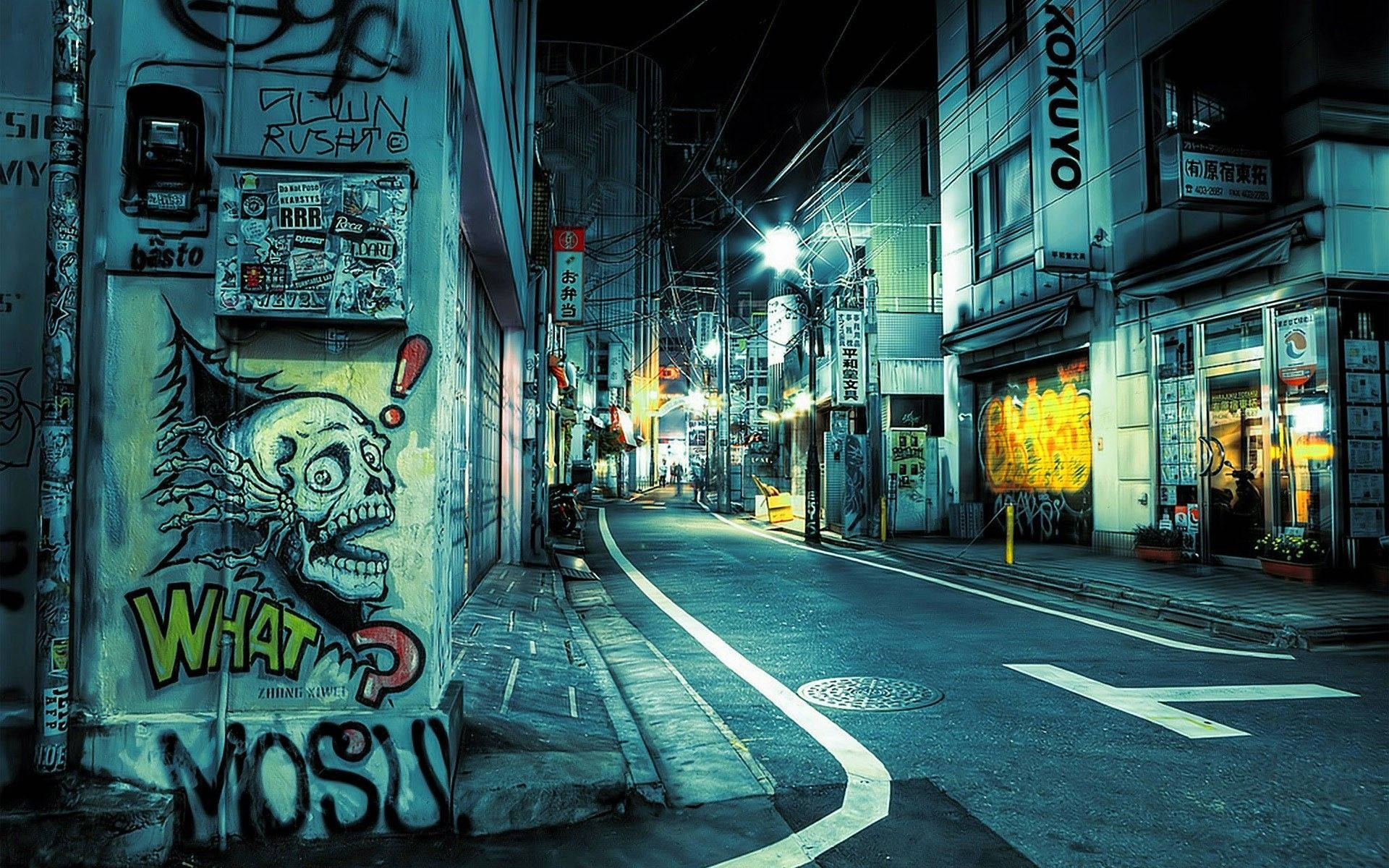 Tokyo, neon-lit Tokyo alley, graffiti-covered walls, Full HD Desktop Wallpaper