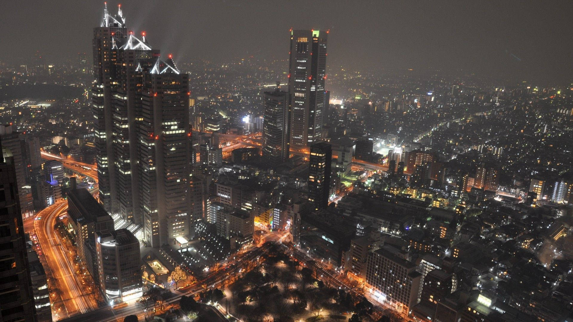 Misty Tokyo, Tokyo Skyline, aerial night view, Full HD Desktop Wallpaper