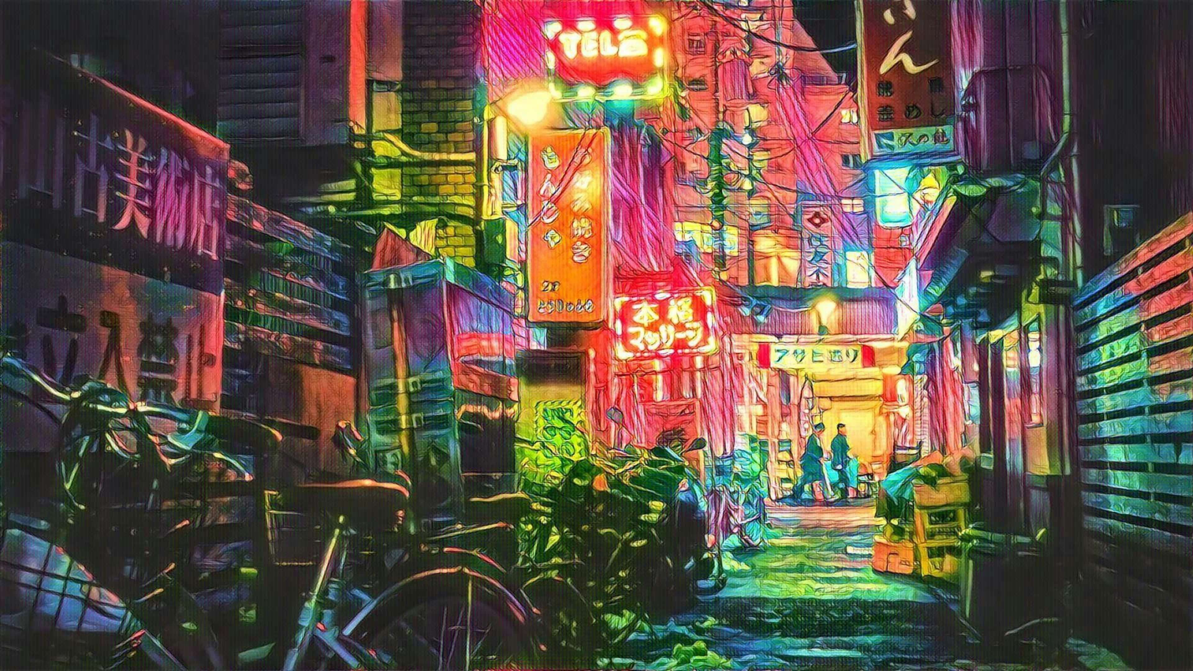 neon lit alley, Tokyo alleyway, wet pavement, 4K Desktop Wallpaper