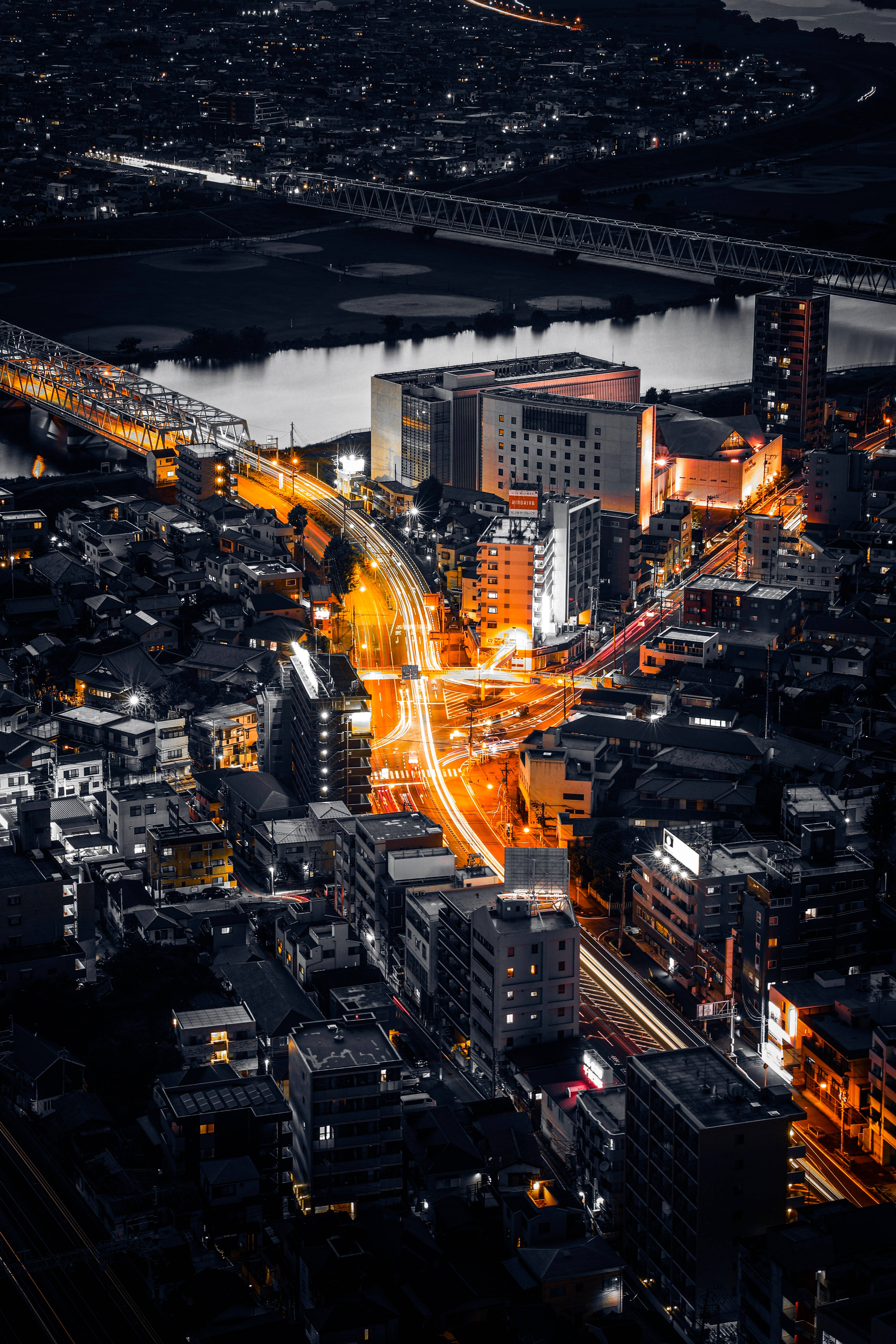 Tokyo, night, glowing orange light trails, 5K Phone Wallpaper