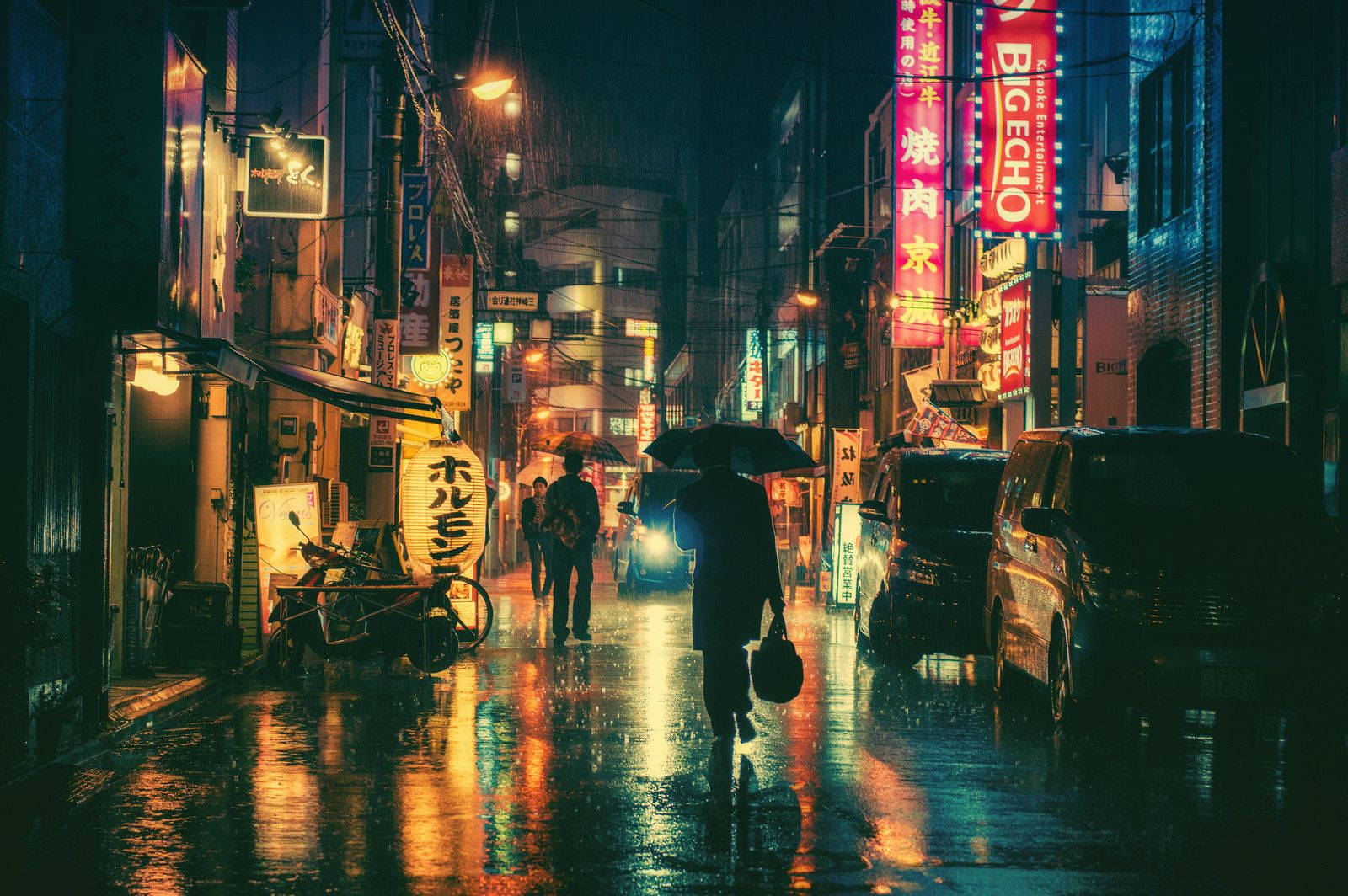 rainy night in Tokyo, neon-lit rain-slicked Japanese street, neon signs, HD Desktop Wallpaper