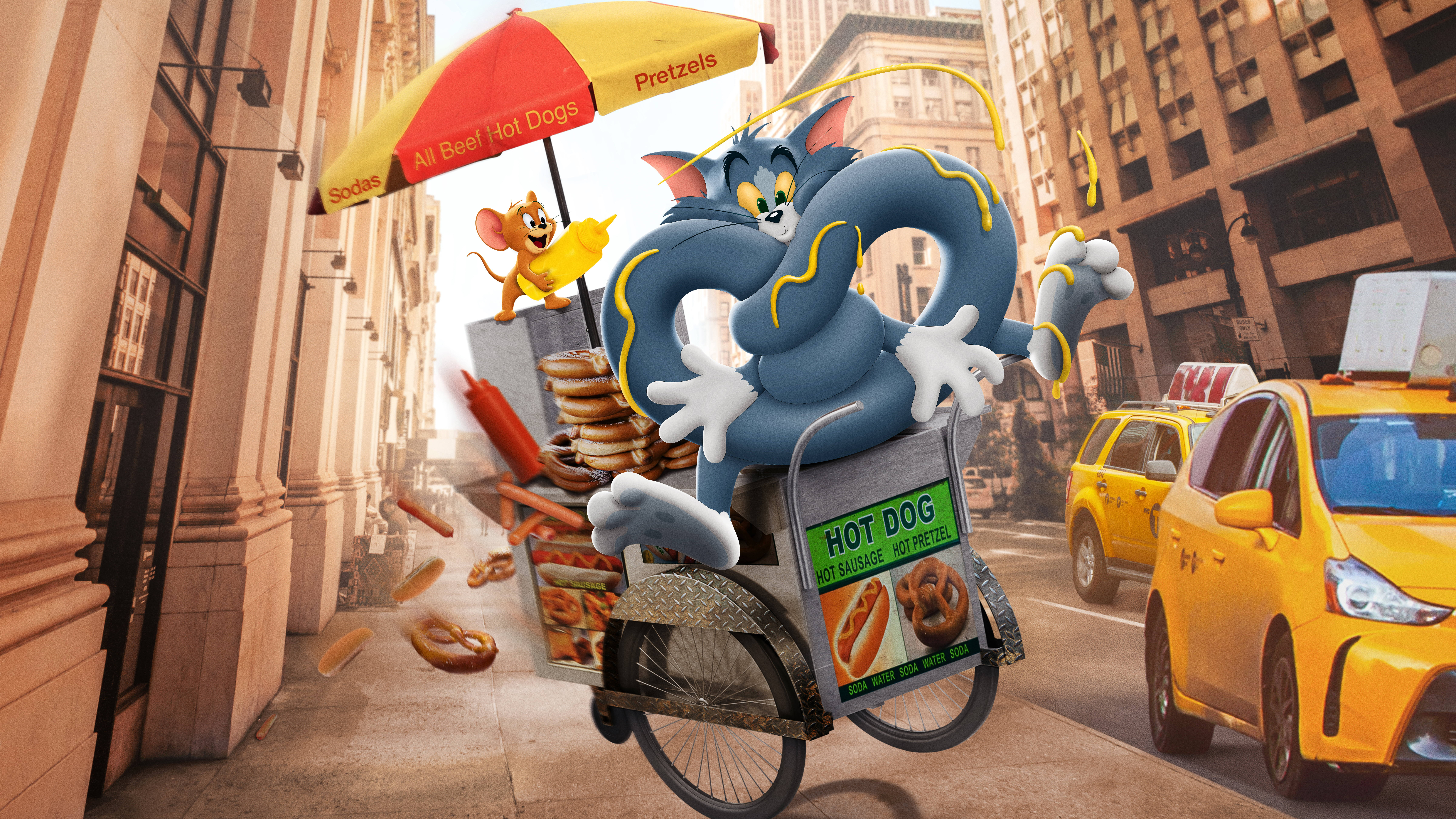 Tom, hot dog cart, New York street, 8K Desktop Wallpaper