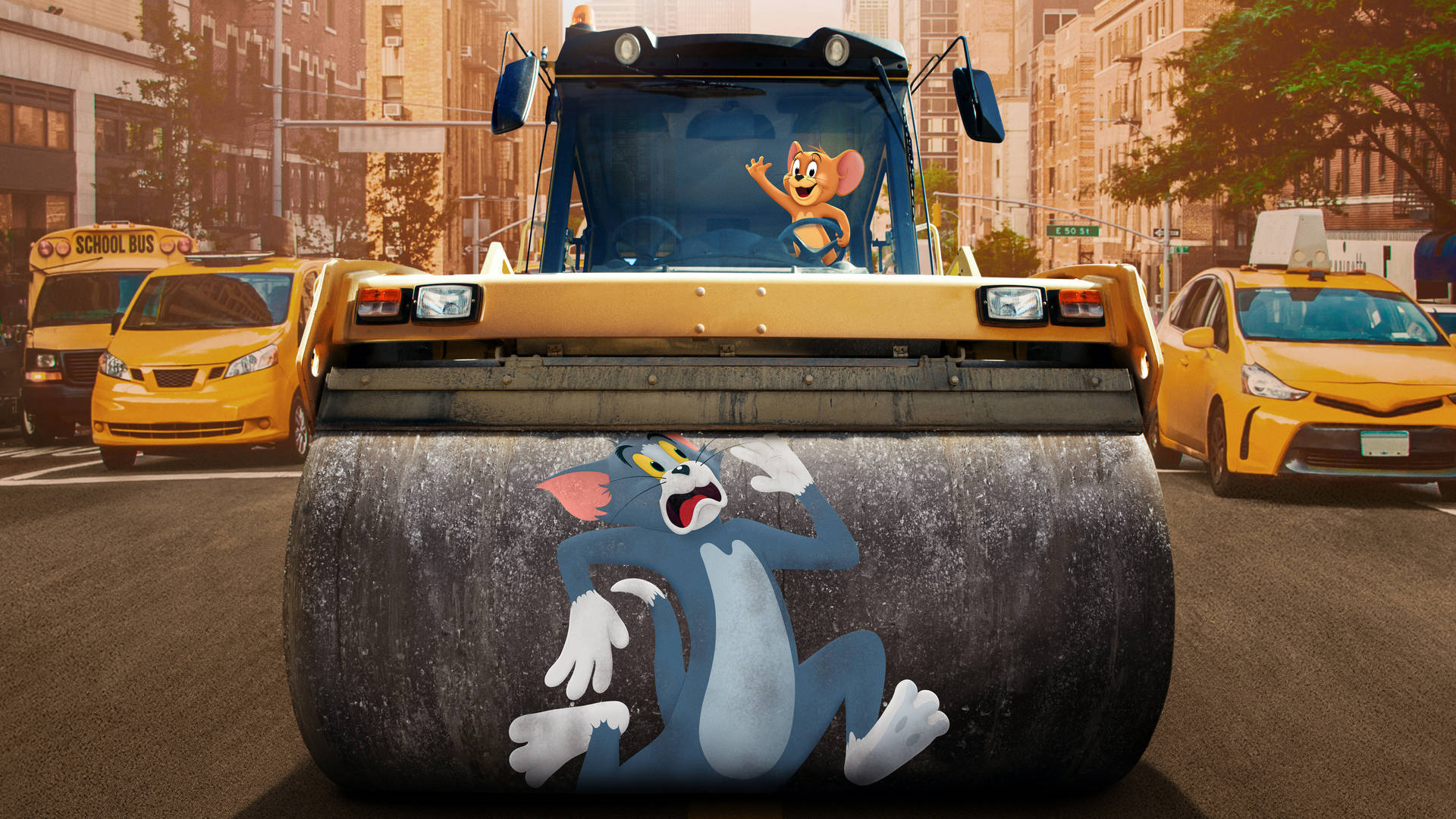 Tom And Jerry, yellow construction roller, city street, Full HD Desktop Wallpaper