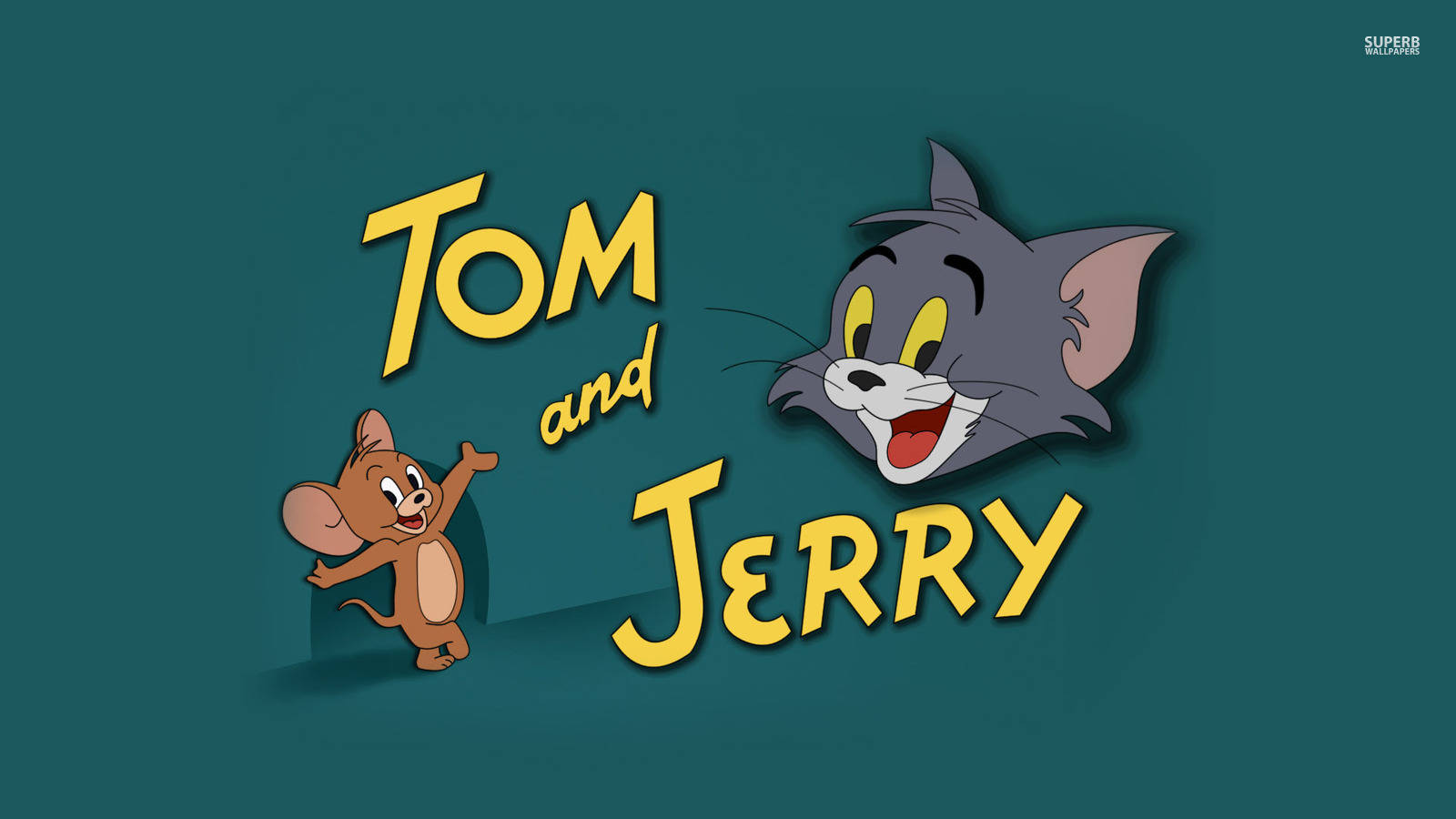 Tom And Jerry, teal background, bold yellow title, HD Desktop Wallpaper