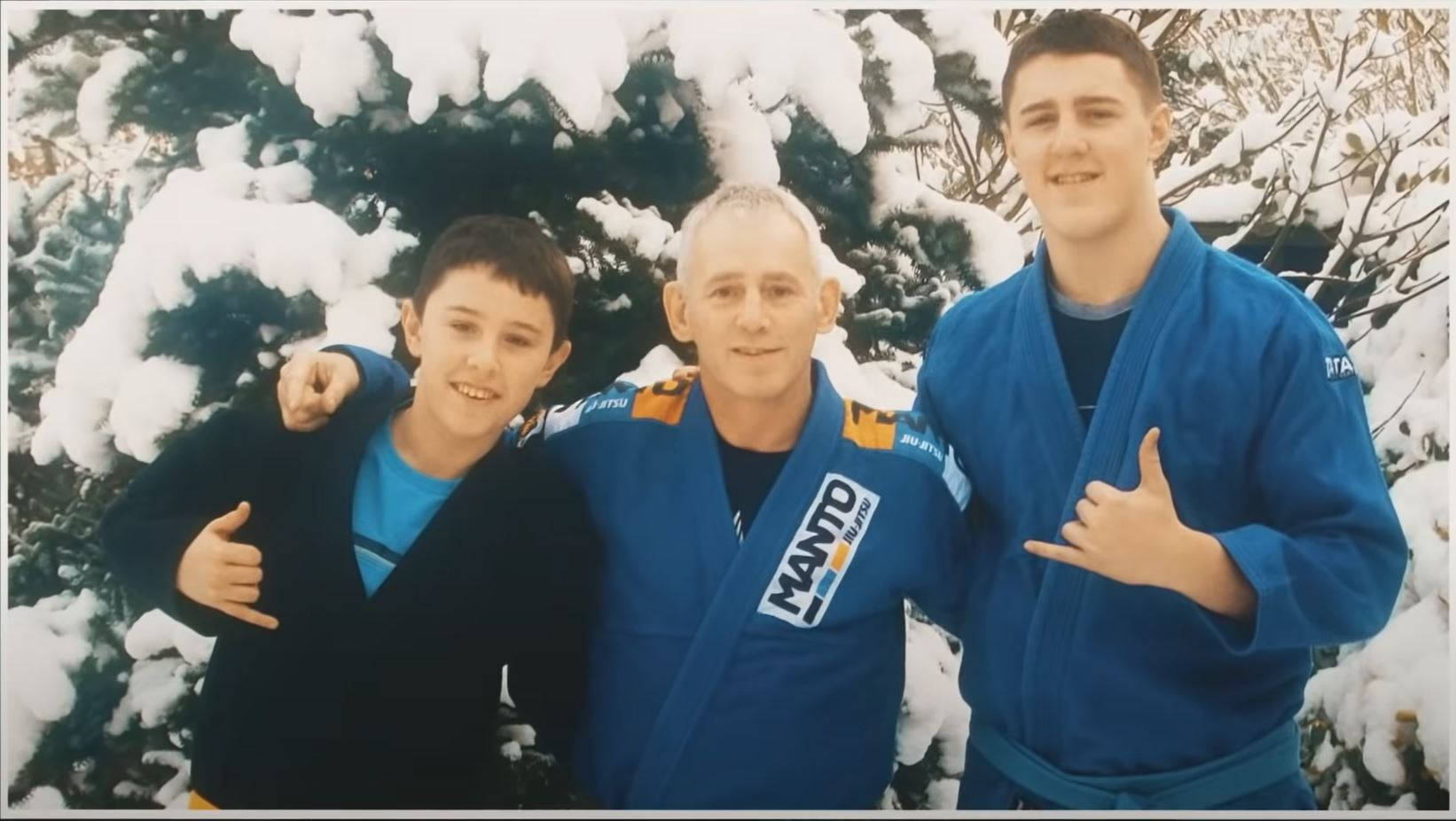 Tom Aspinall, blue judo uniforms, snow-covered evergreen trees, HD Desktop Wallpaper