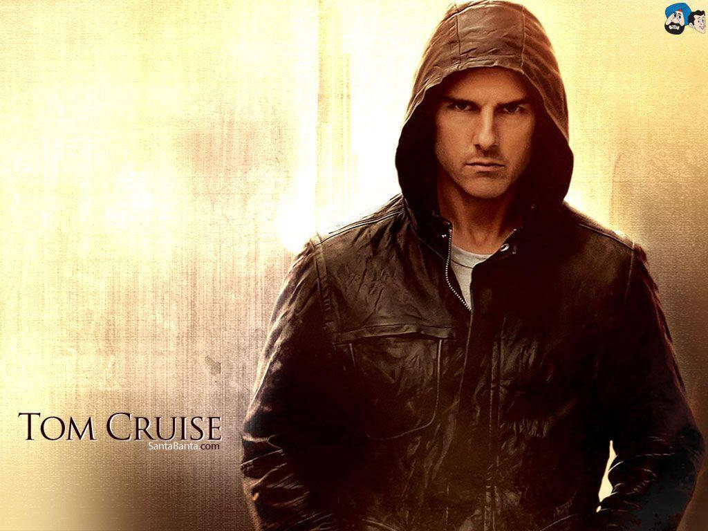 Tom Cruise, dark hooded jacket, warm textured golden background, SD Desktop Wallpaper