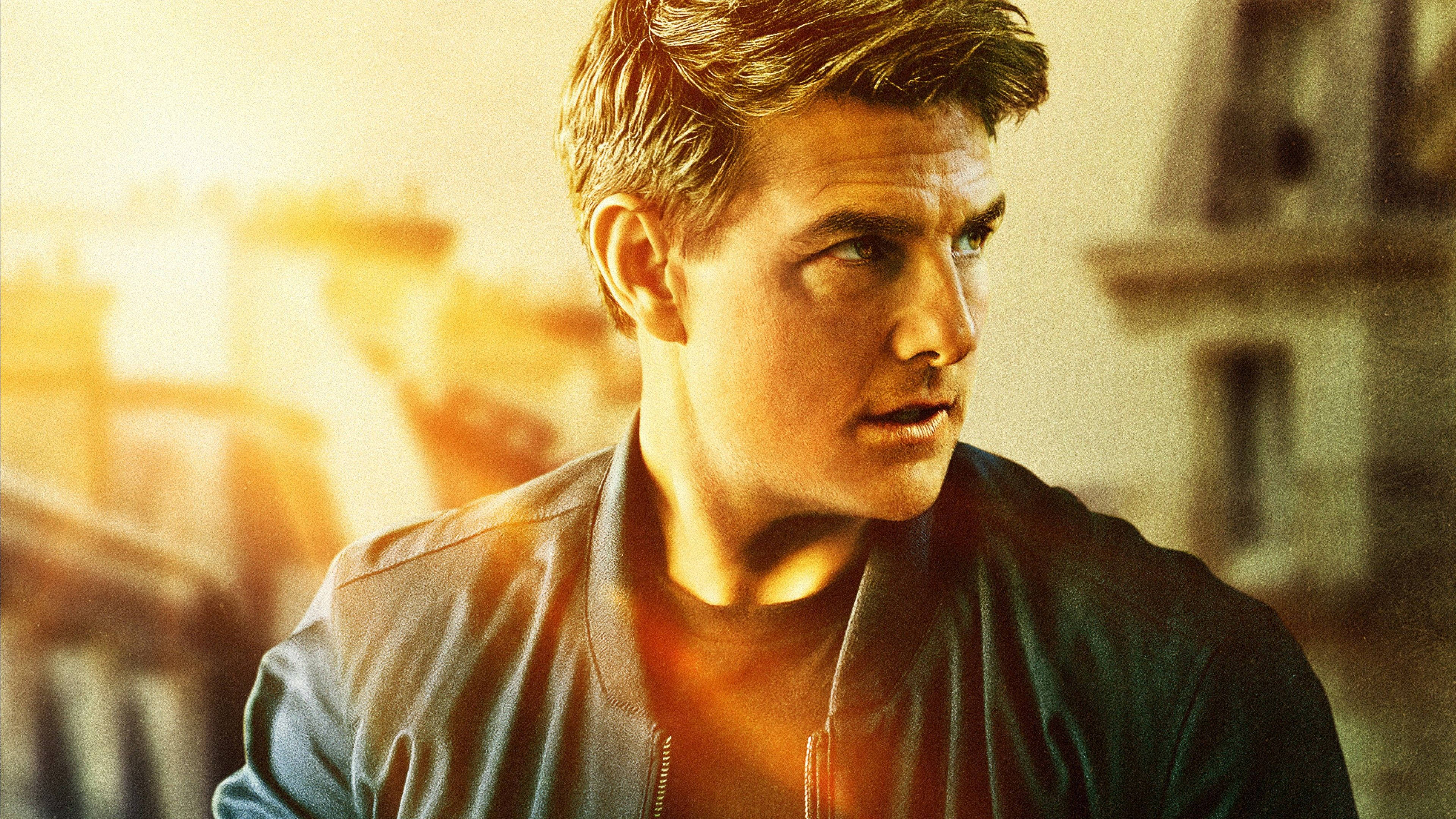 Tom Cruise, leather jacket, sunlit urban backdrop, 4K Desktop Wallpaper