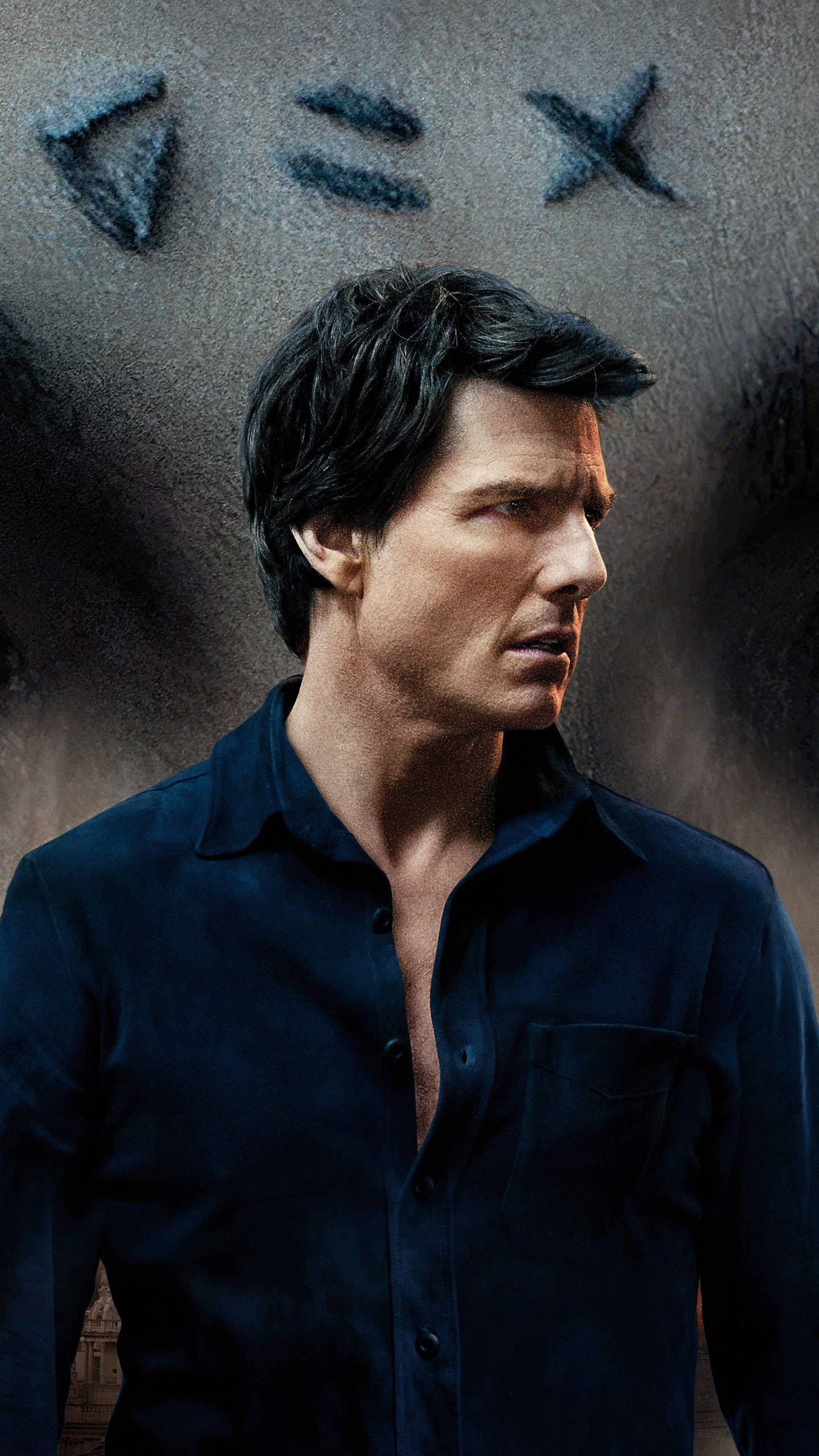 Tom Cruise, dark blue shirt, gritty wall, 2K Phone Wallpaper