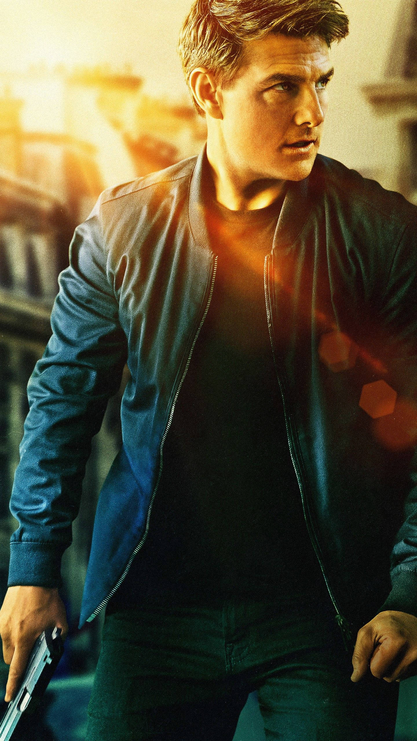 Tom Cruise, blue bomber jacket, gun, 2K Phone Wallpaper