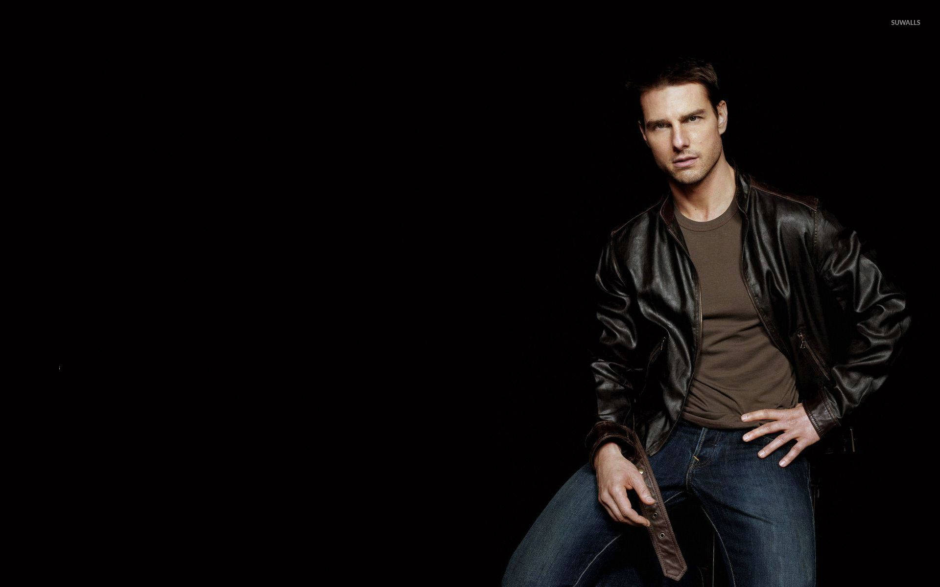Tom Cruise, black leather jacket, stark black background, Full HD Desktop Wallpaper