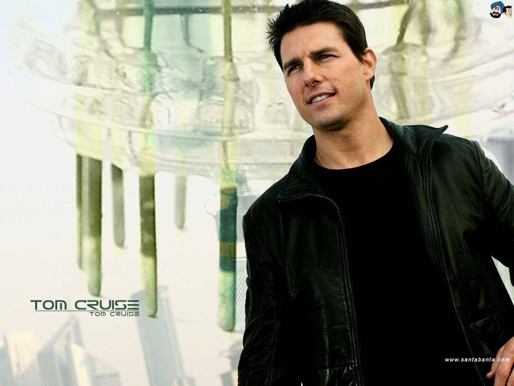 Tom Cruise, black leather jacket, blurred glass and steel architectural background, SD Desktop Wallpaper