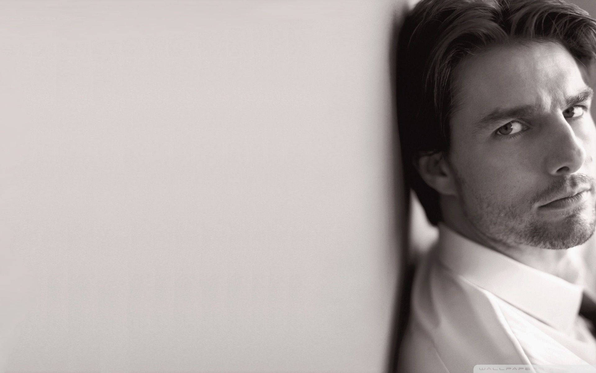 Tom Cruise, black and white portrait, white shirt, Full HD Desktop Wallpaper