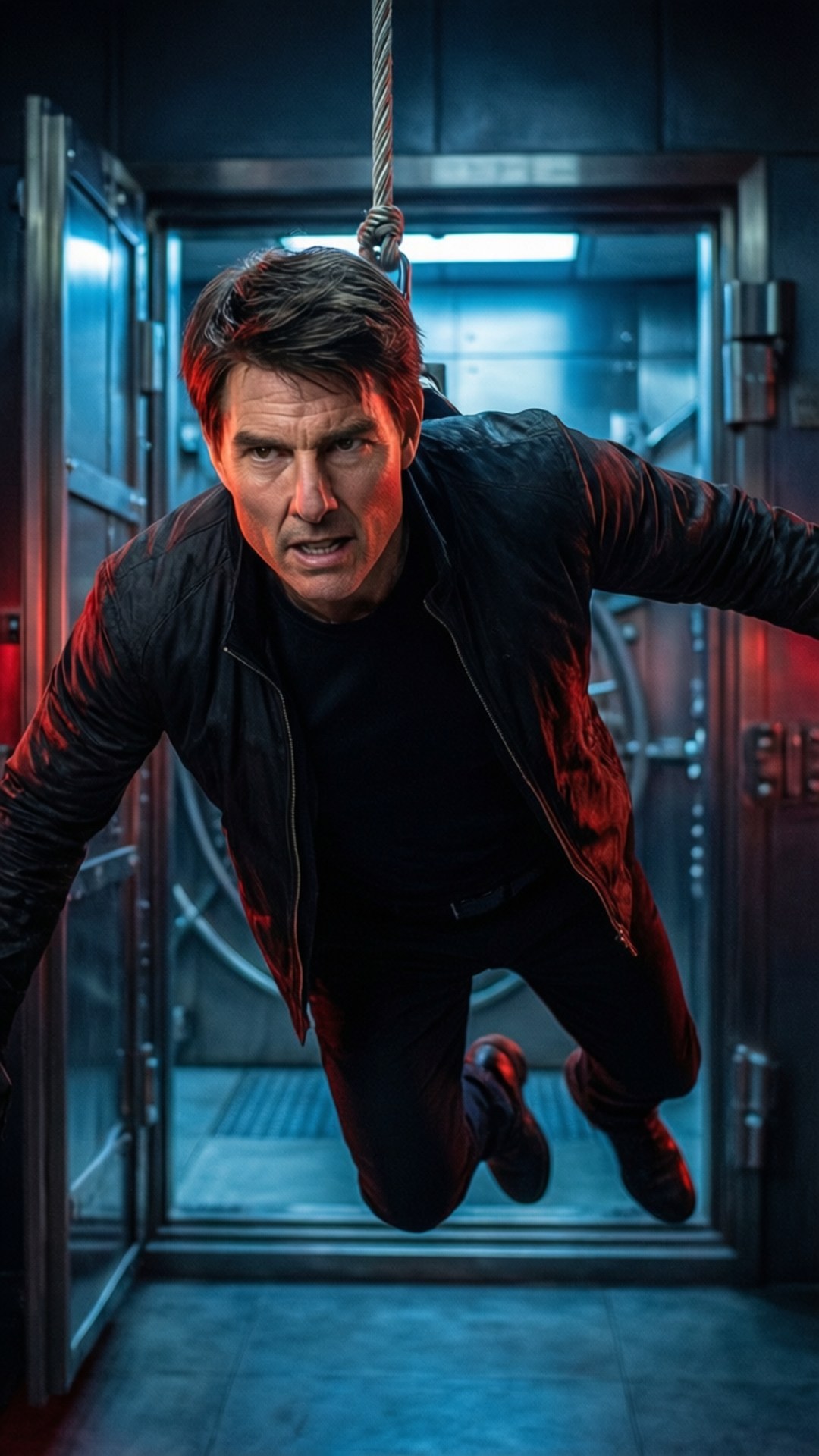 Tom Cruise, red and blue lighting, dimly lit industrial corridor, Full HD Phone Wallpaper