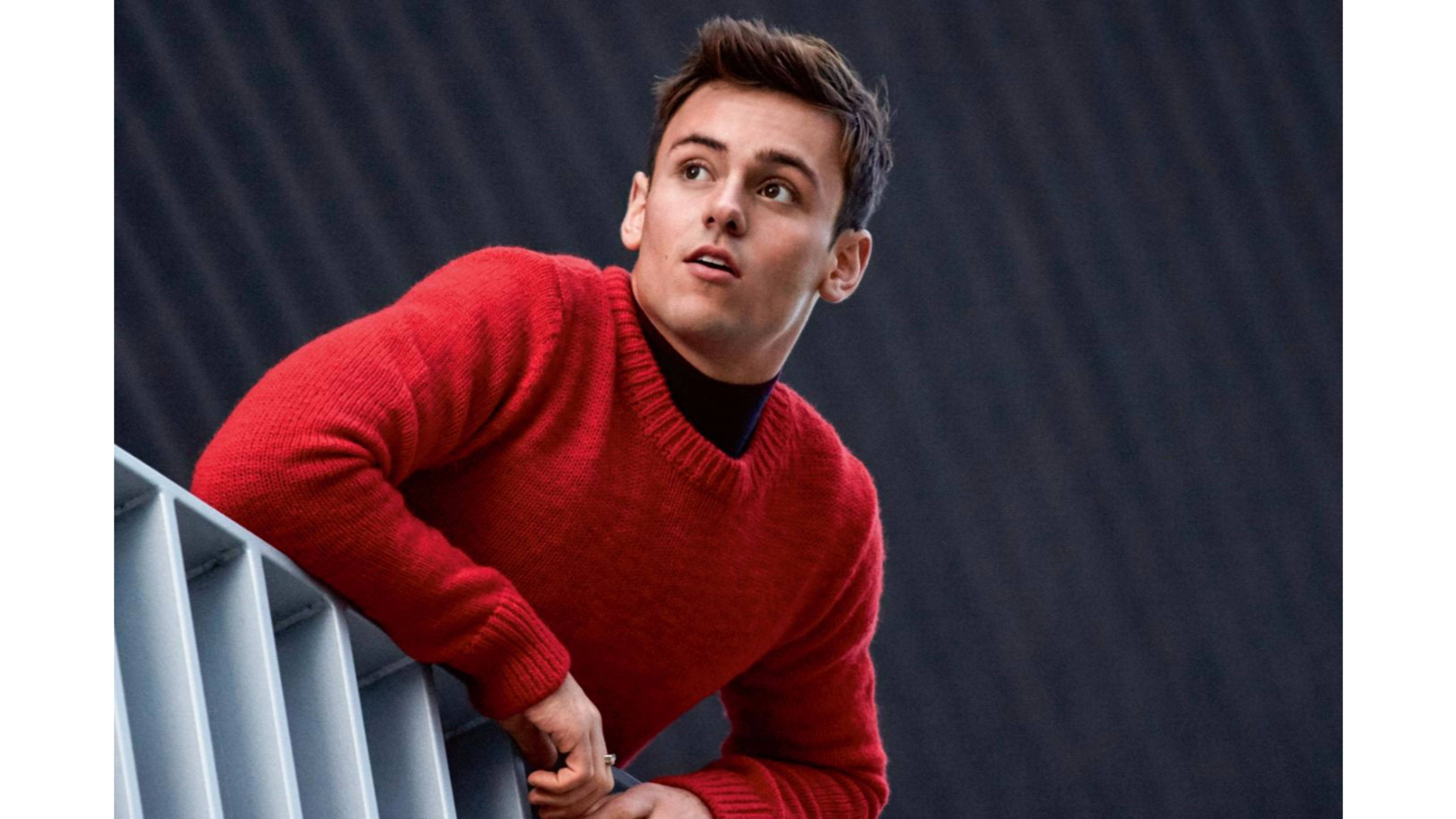 Tom Daley, red sweater, gray railing, 4K Desktop Wallpaper