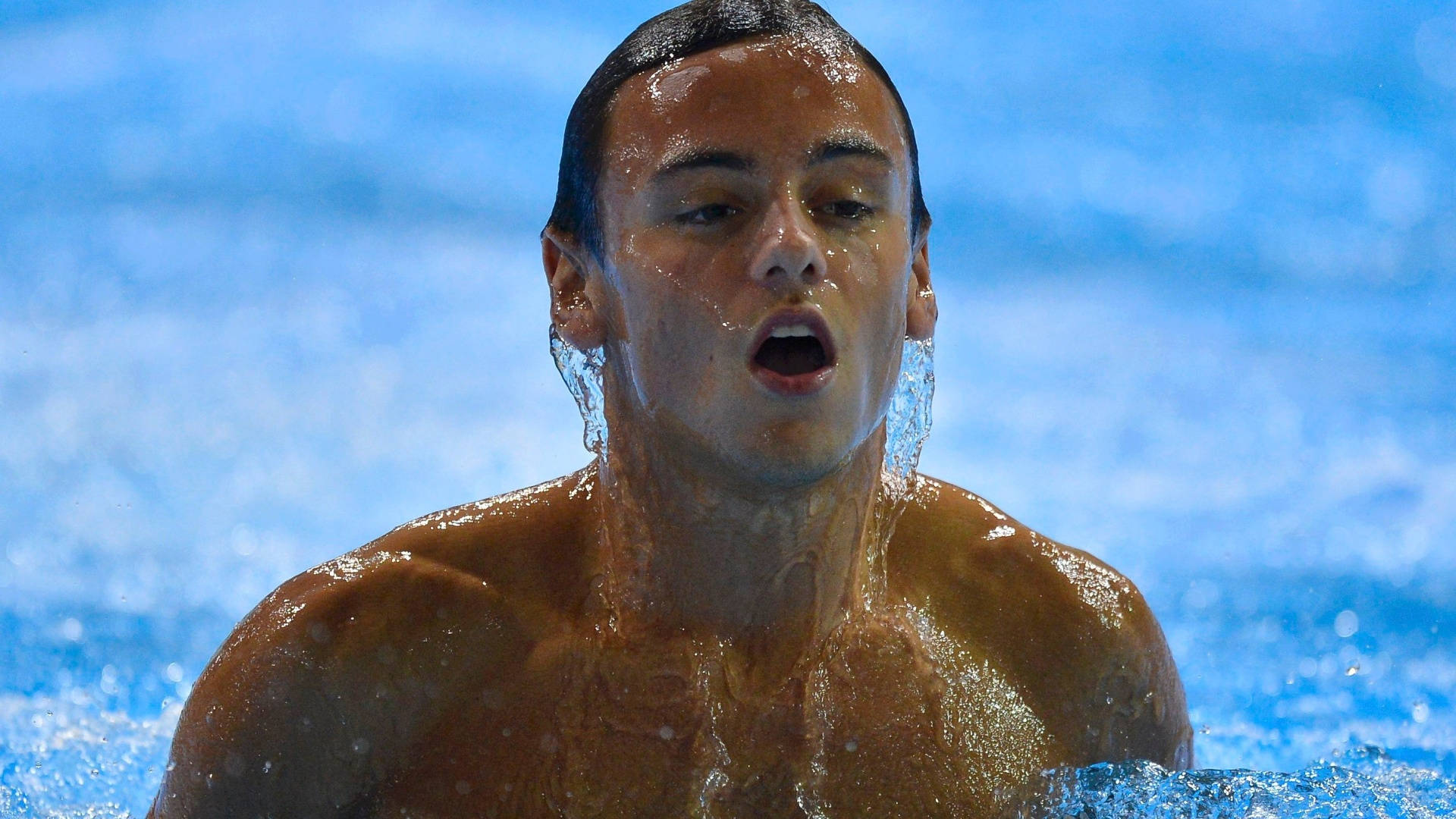 Tom Daley, blue pool, droplets, Full HD Desktop Wallpaper