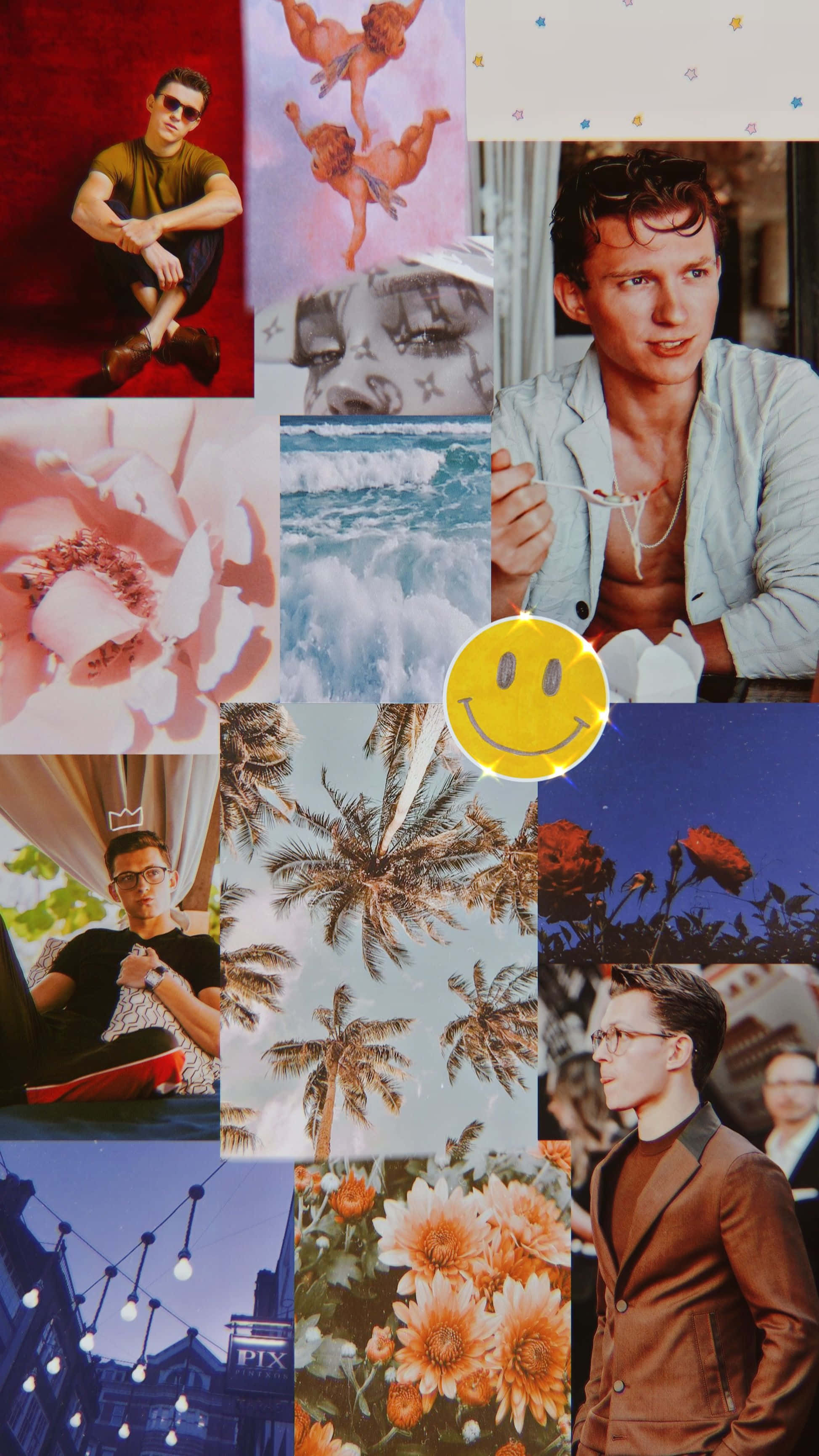 Tom Holland, vibrant collage, palm trees, 2K Phone Wallpaper
