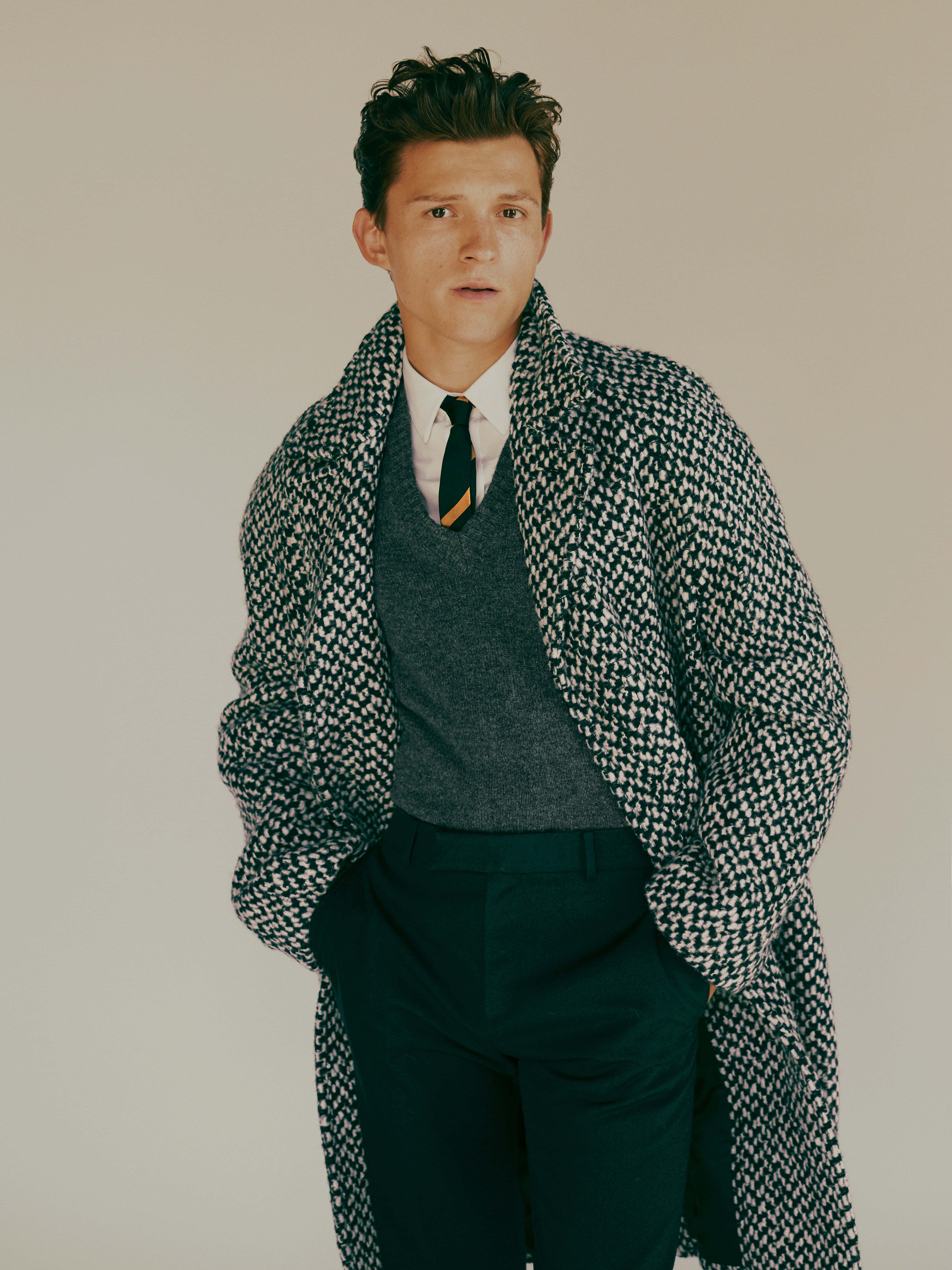 Tom Holland, houndstooth coat, sweater vest, 5K Phone Wallpaper