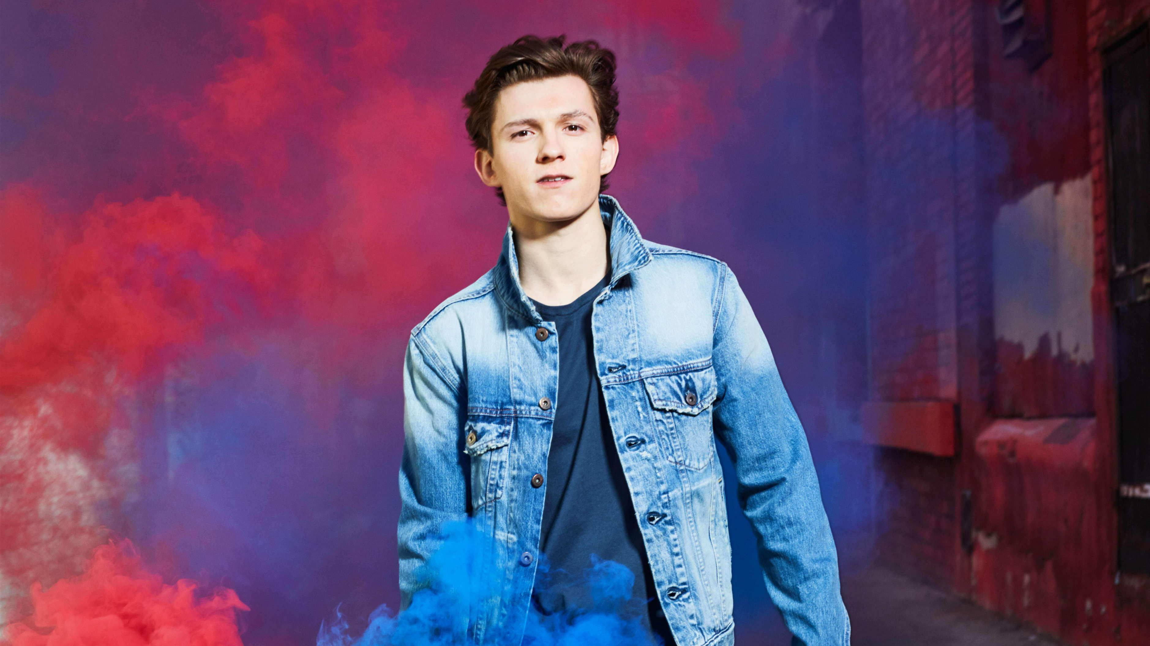 Tom Holland, denim jacket, red and blue smoke, 2K Desktop Wallpaper