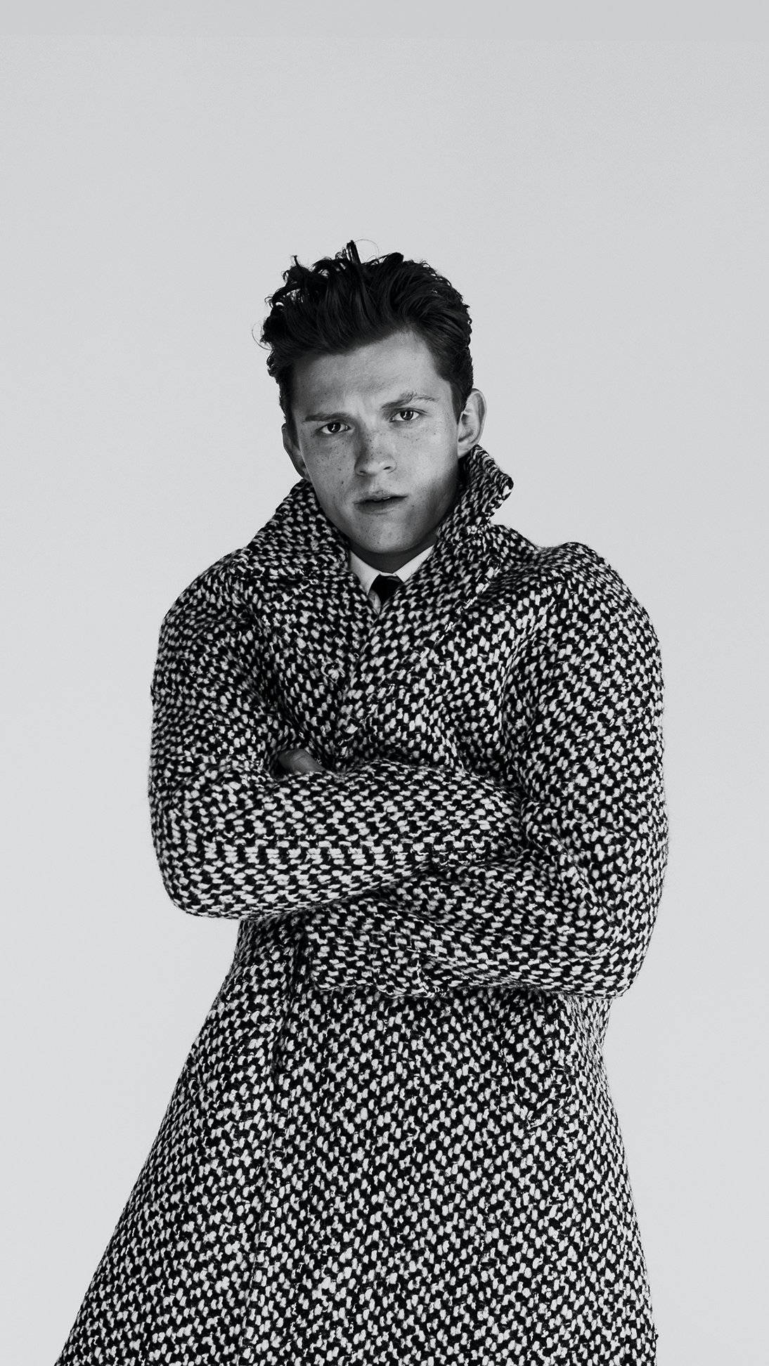 Tom Holland, houndstooth coat, plain gray background, Full HD Phone Wallpaper