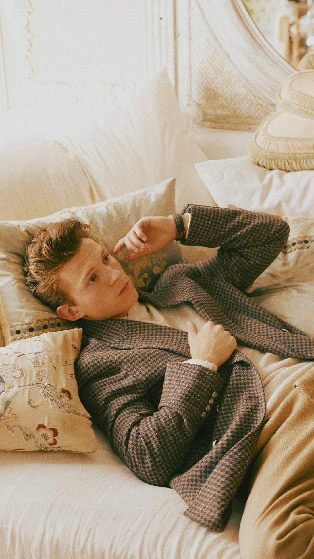Tom Holland, patterned blazer, bed, Full HD Phone Wallpaper