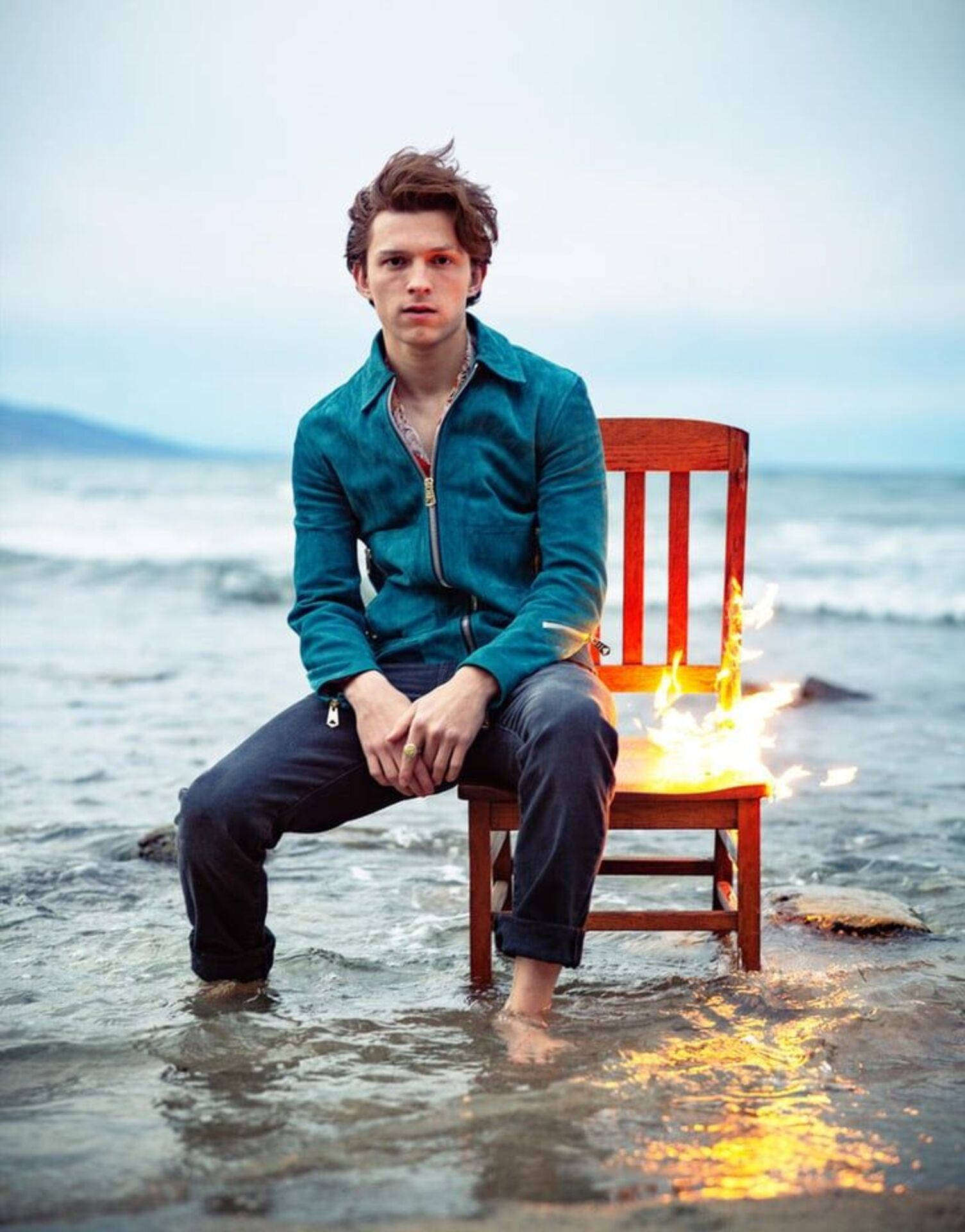 Tom Holland, flaming wooden chair, ocean waves, Full HD Phone Wallpaper
