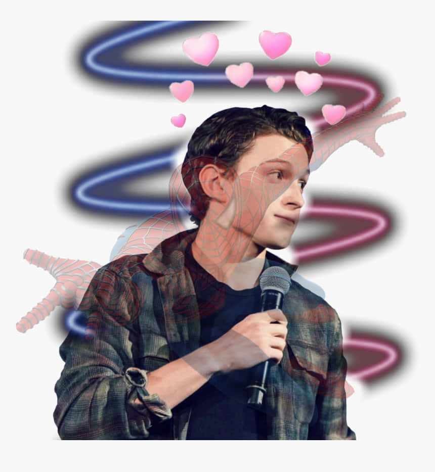 Tom Holland, pink hearts, glowing swirls, SD Phone Wallpaper