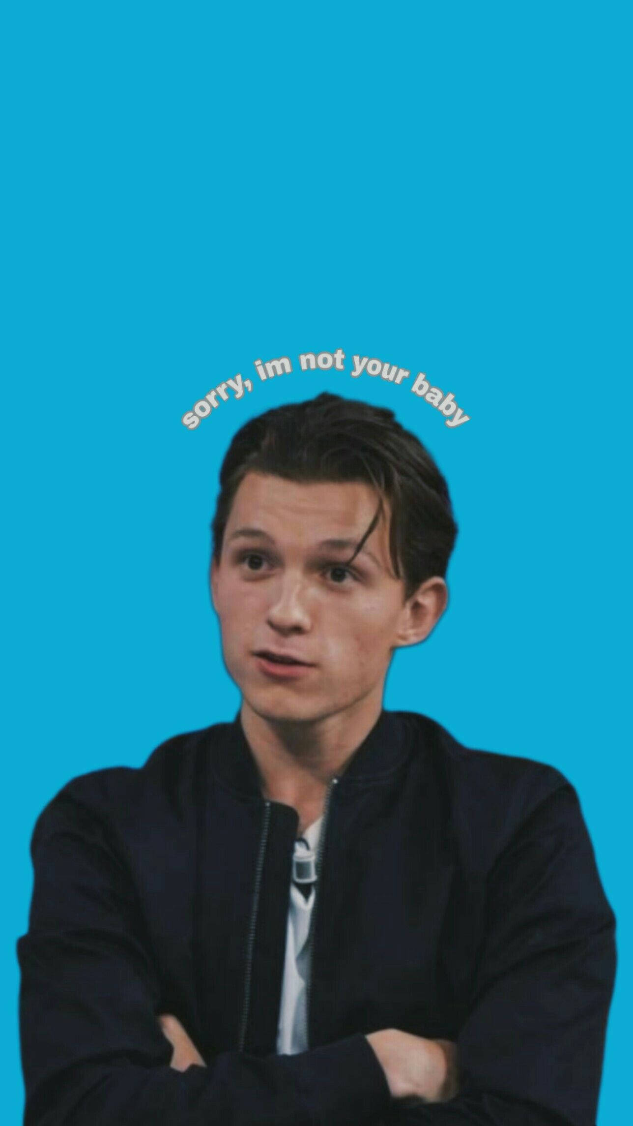 Tom Holland, bright blue background, text above his head, Full HD Phone Wallpaper