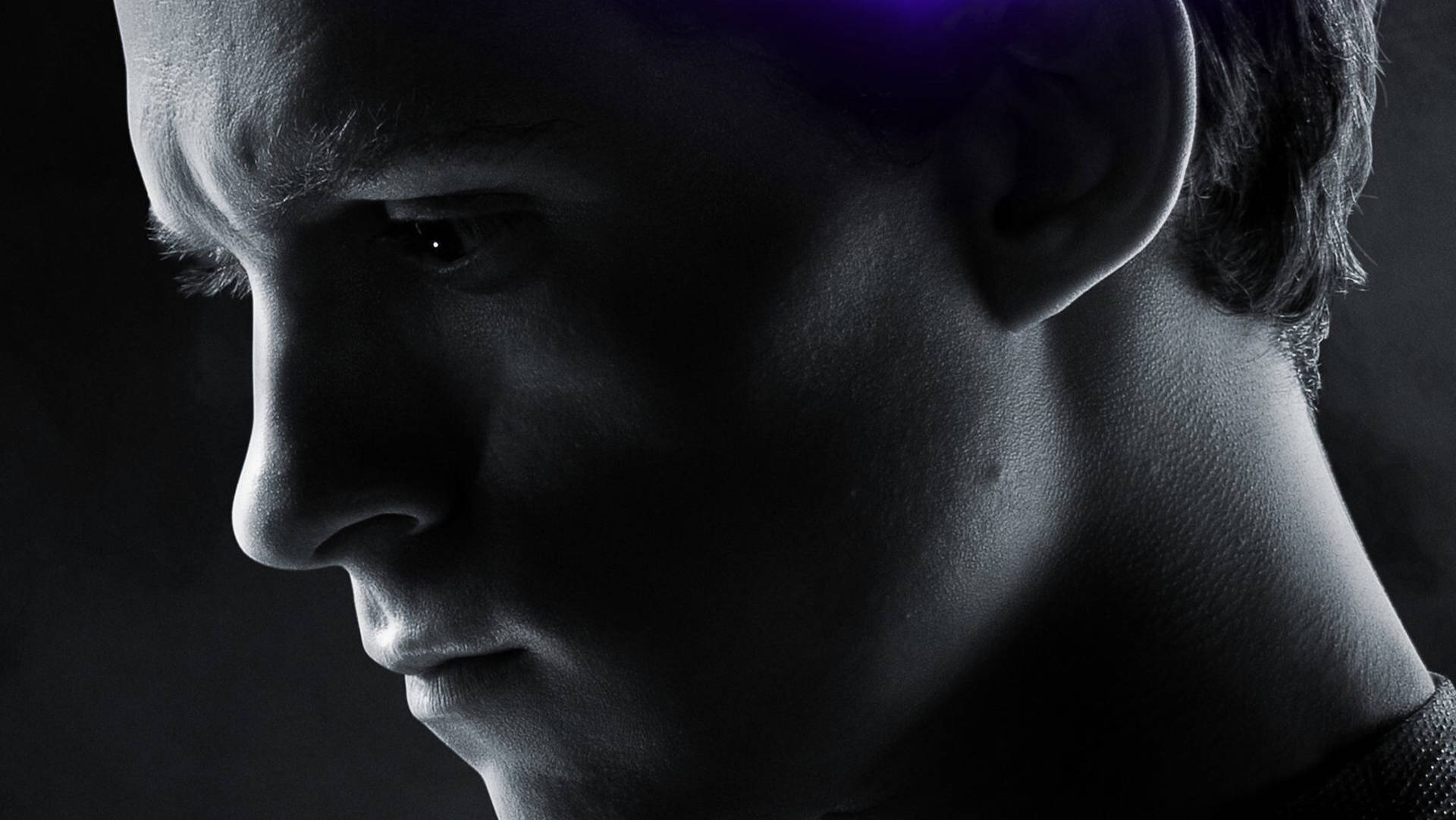 Tom Holland, dark greyscale, glowing purple light, Full HD Desktop Wallpaper
