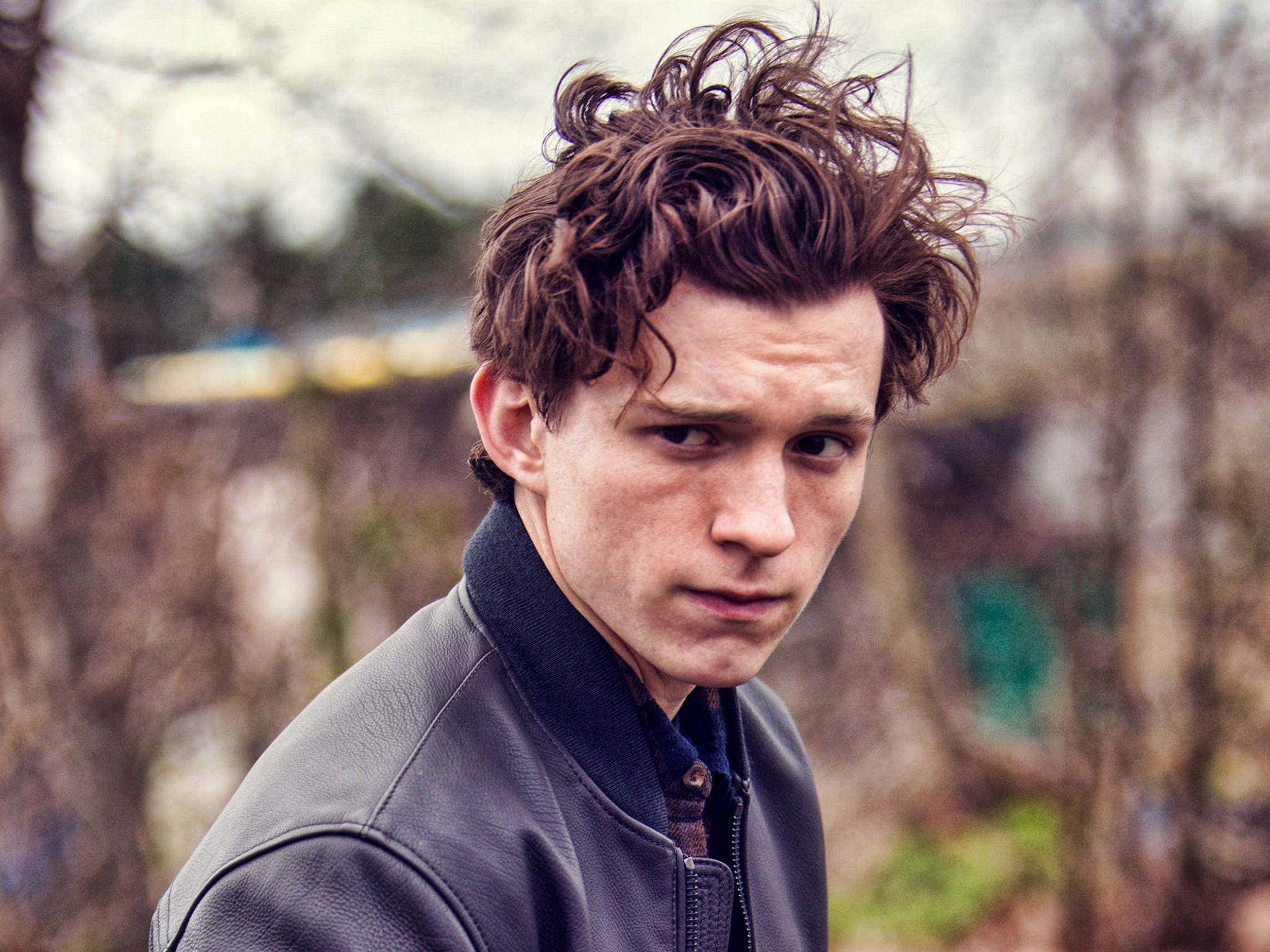 Tom Holland, tousled brown hair, dark leather jacket, Full HD Desktop Wallpaper