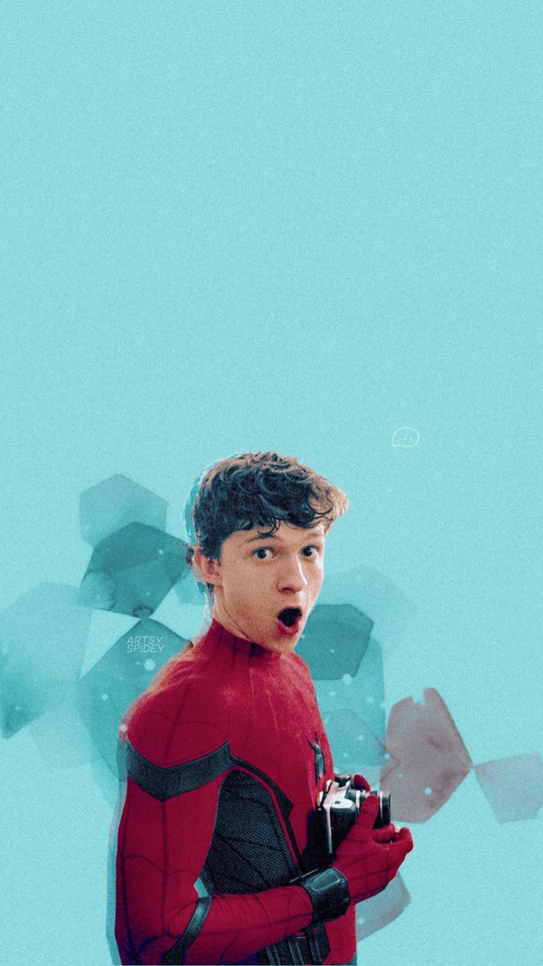 Tom Holland, red and black superhero suit, teal geometric background, Full HD Phone Wallpaper