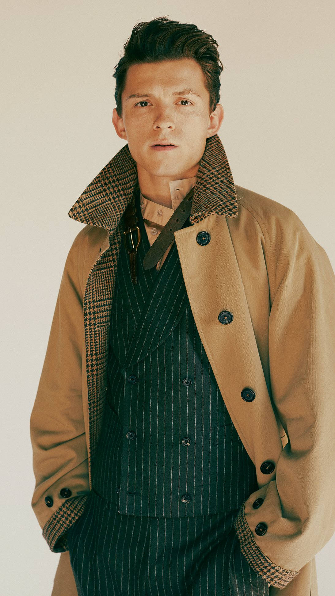 Tom Holland, tan trench coat, pinstripe suit, Full HD Phone Wallpaper