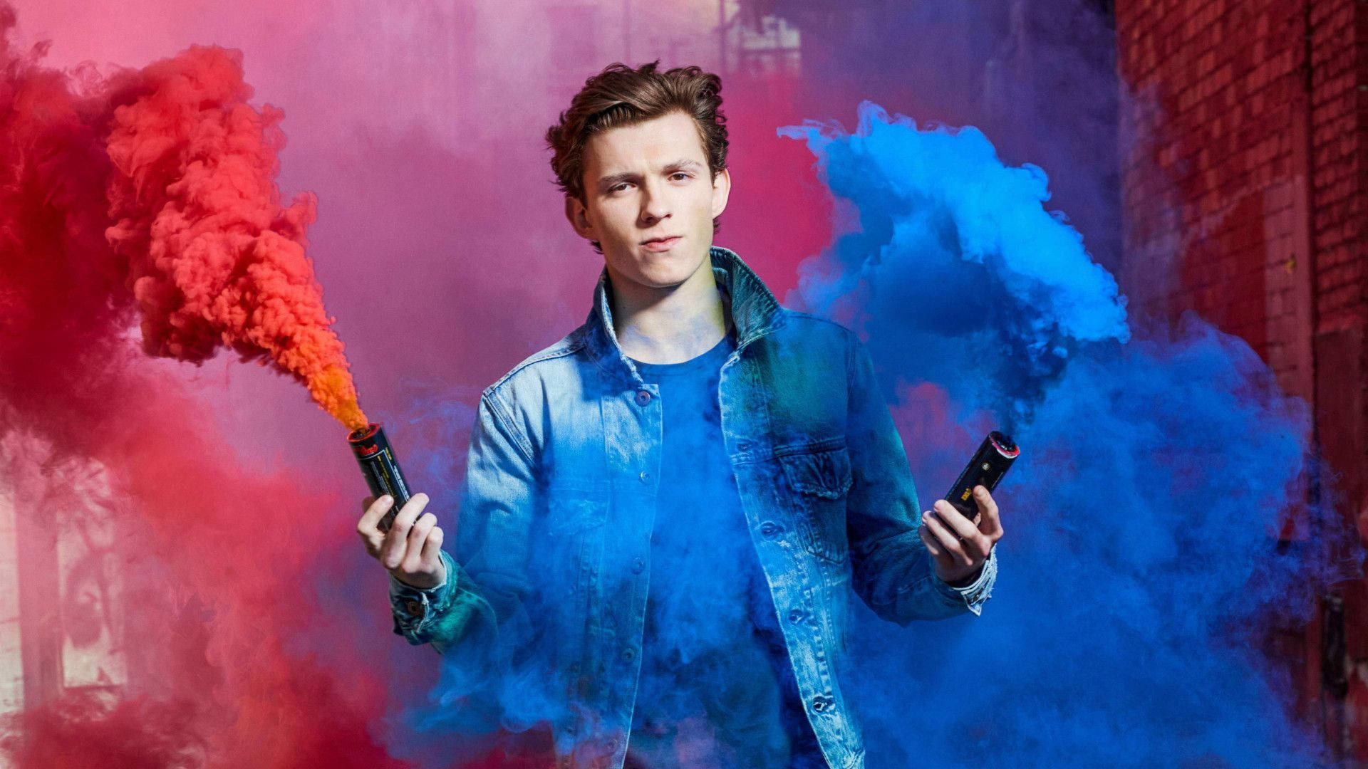 Tom Holland, denim jacket, red and blue smoke flares, Full HD Desktop Wallpaper