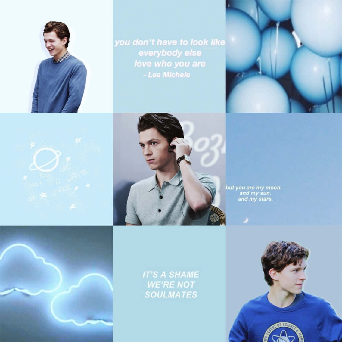 Tom Holland, soft blue-toned, collage, SD Desktop Wallpaper