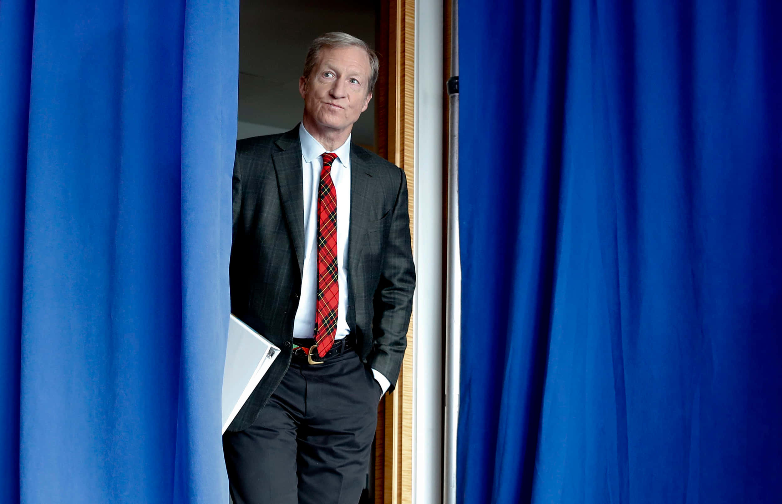 Tom Steyer, blue curtain, suit, Full HD Desktop Wallpaper