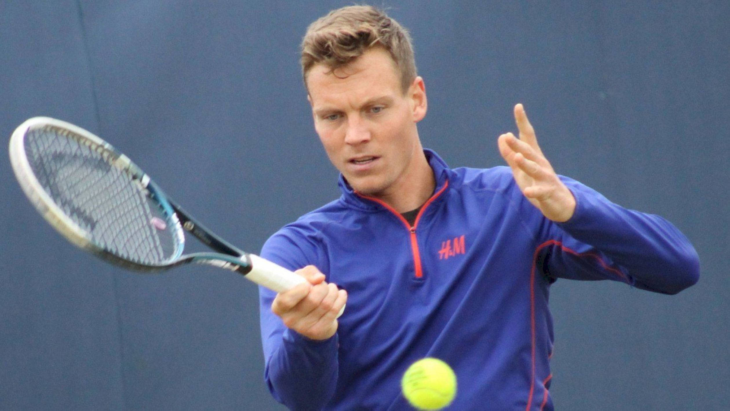 Tomas Berdych, blue H&M jacket, bright yellow tennis ball, Full HD Desktop Wallpaper